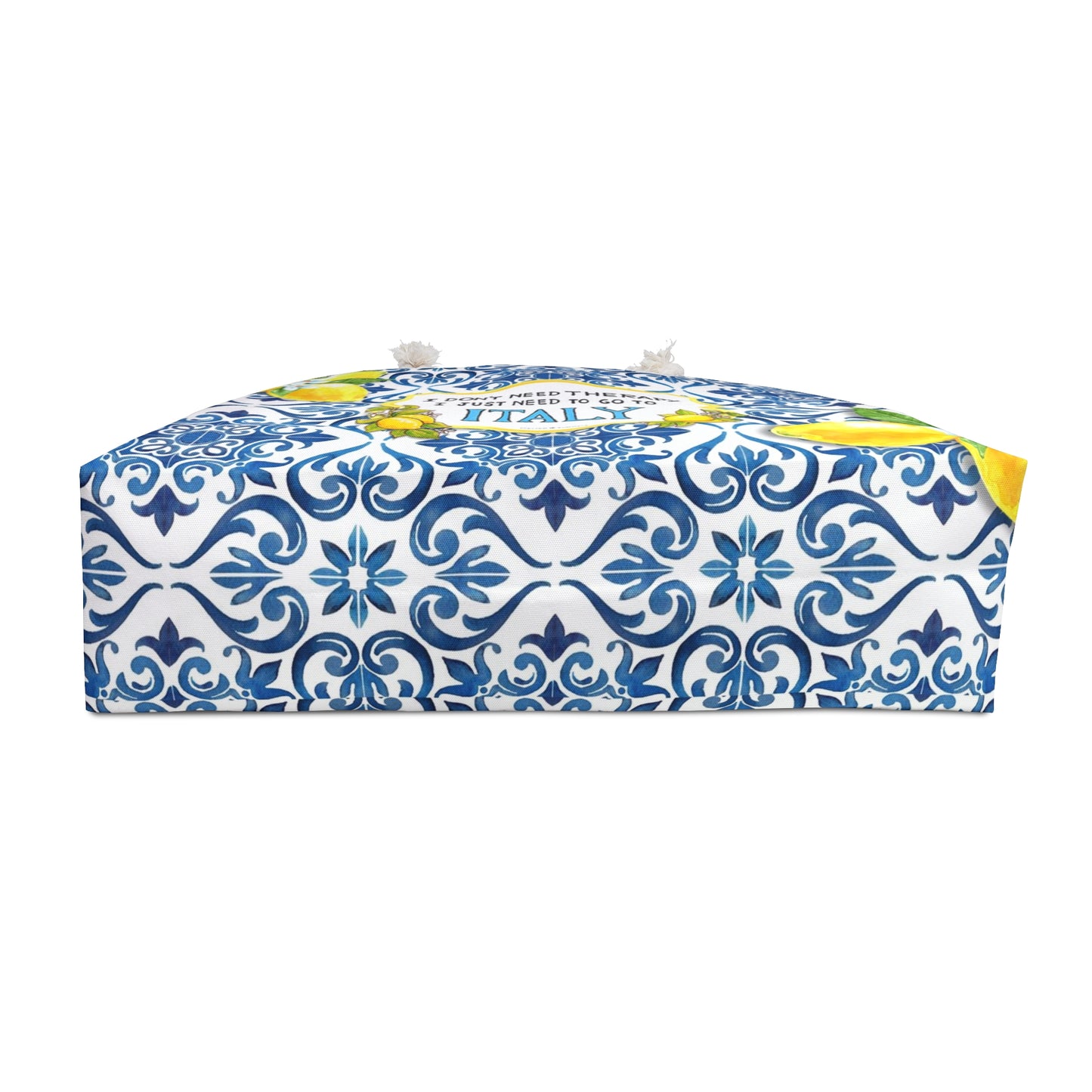 XL Italy -inspired Beach Bag with printed Italian blue tile pattern and Sorrento Lemons with a quote between them: " I don't need therapy, I just need to go to Italy" made to order bag, by Italian Summers.