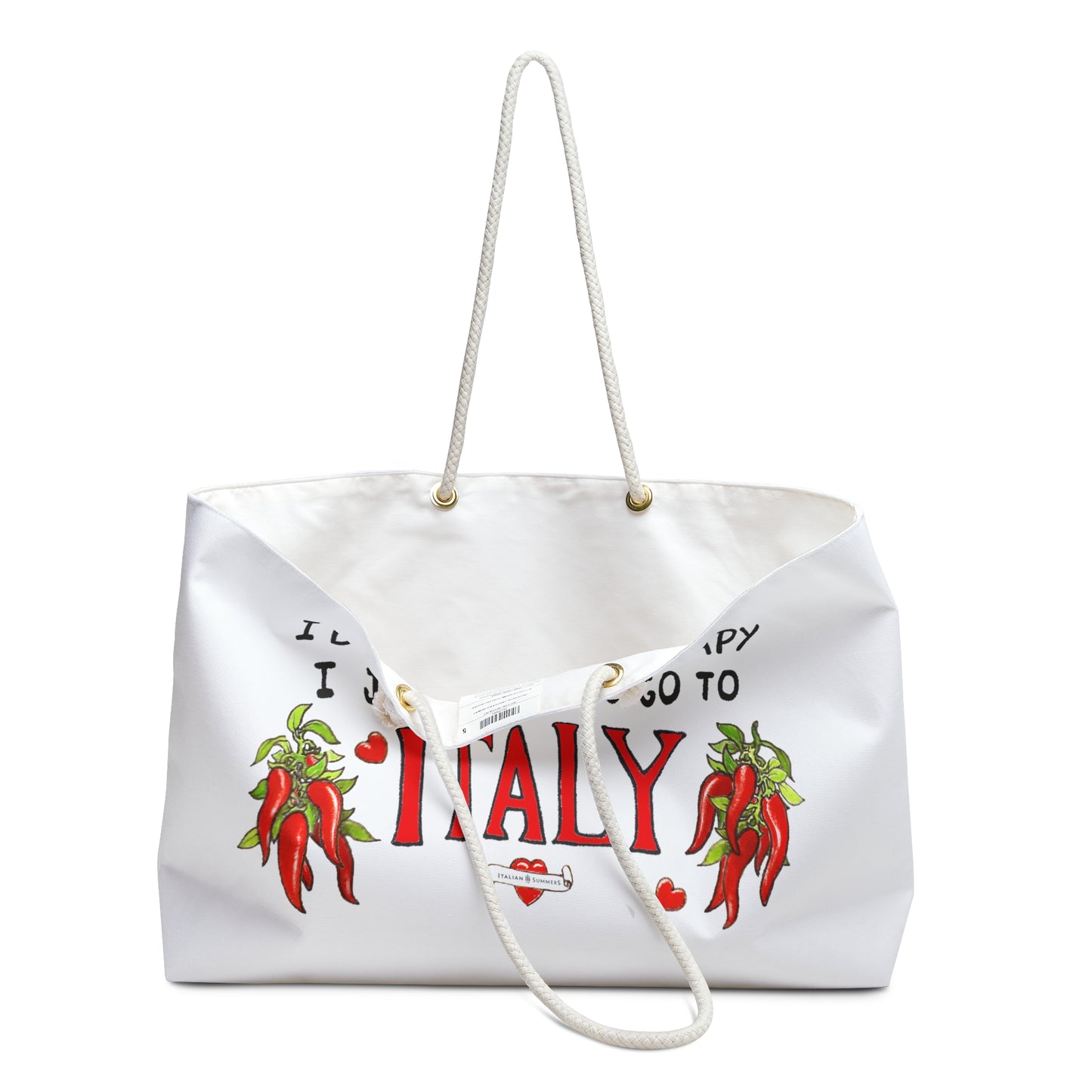 Italy inspired beach bag with the quote I don't need therapy, I just need to go to Italy. The quote is in black hand writing the word Italy is in the color red. On both sides of Italy there is a bunch of peppers. The bag has soft rope handles