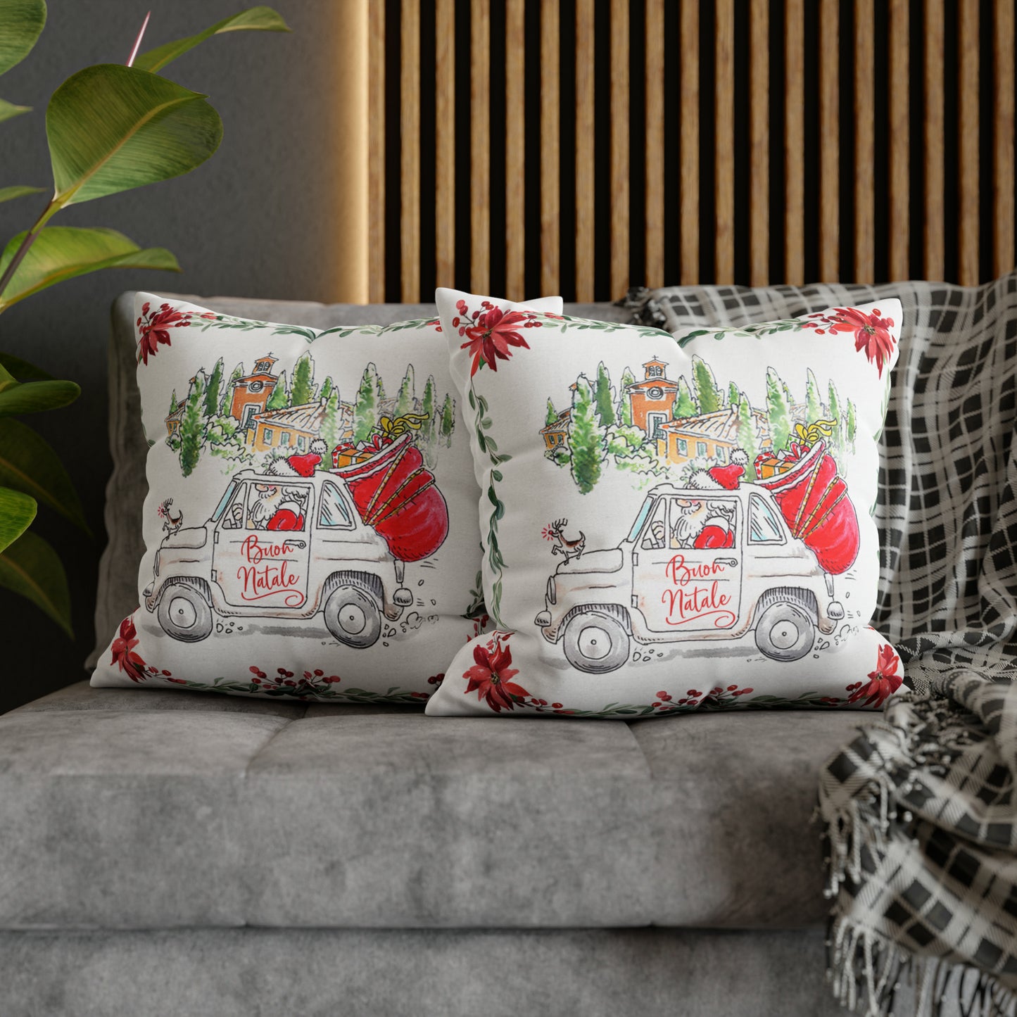 Babbo Natale Italy Christmas Pillow – Fiat 500 Tuscan Holiday Cushion Cover