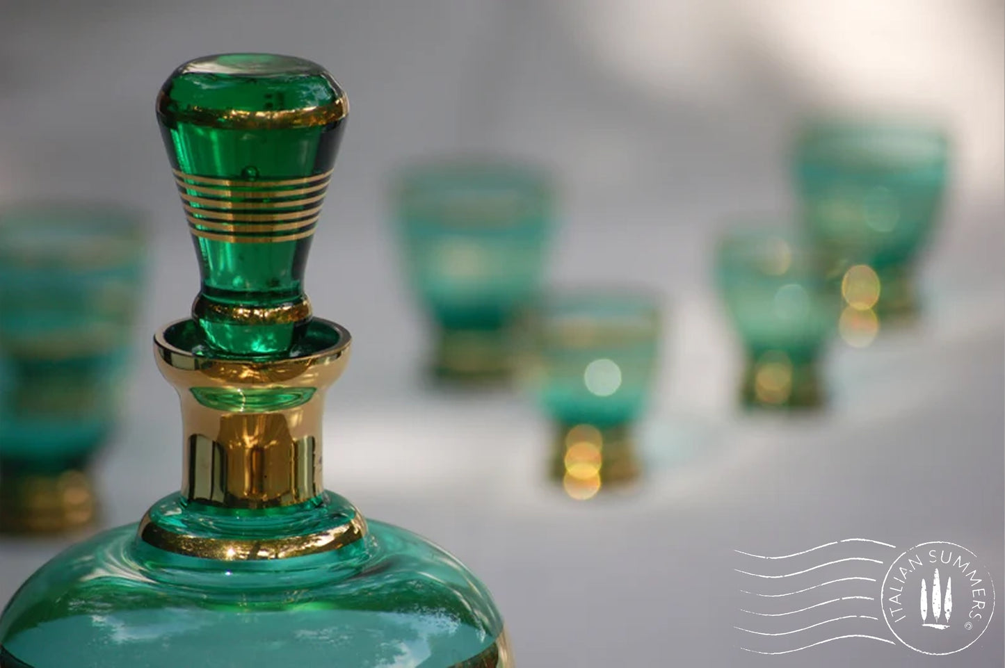 RARE Vintage liquor set from Montecarlo, Verrerie de Monaco, emerald and gold colored glass set, carafe glasses, green glass set
