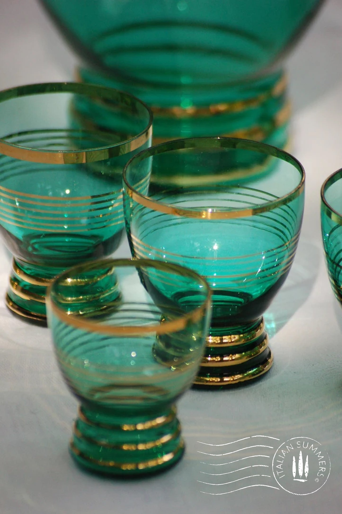 RARE Vintage liquor set from Montecarlo, Verrerie de Monaco, emerald and gold colored glass set, carafe glasses, green glass set