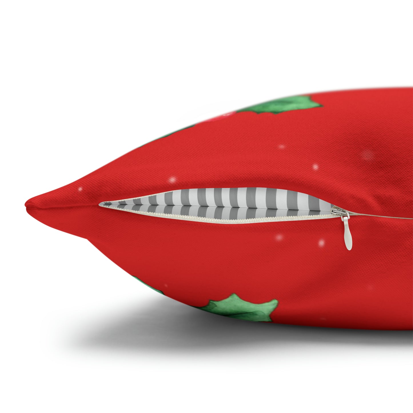 Decorative pillow with 'Buon Natale' text and Christmas wreath design, detail of the hidden zipper closure