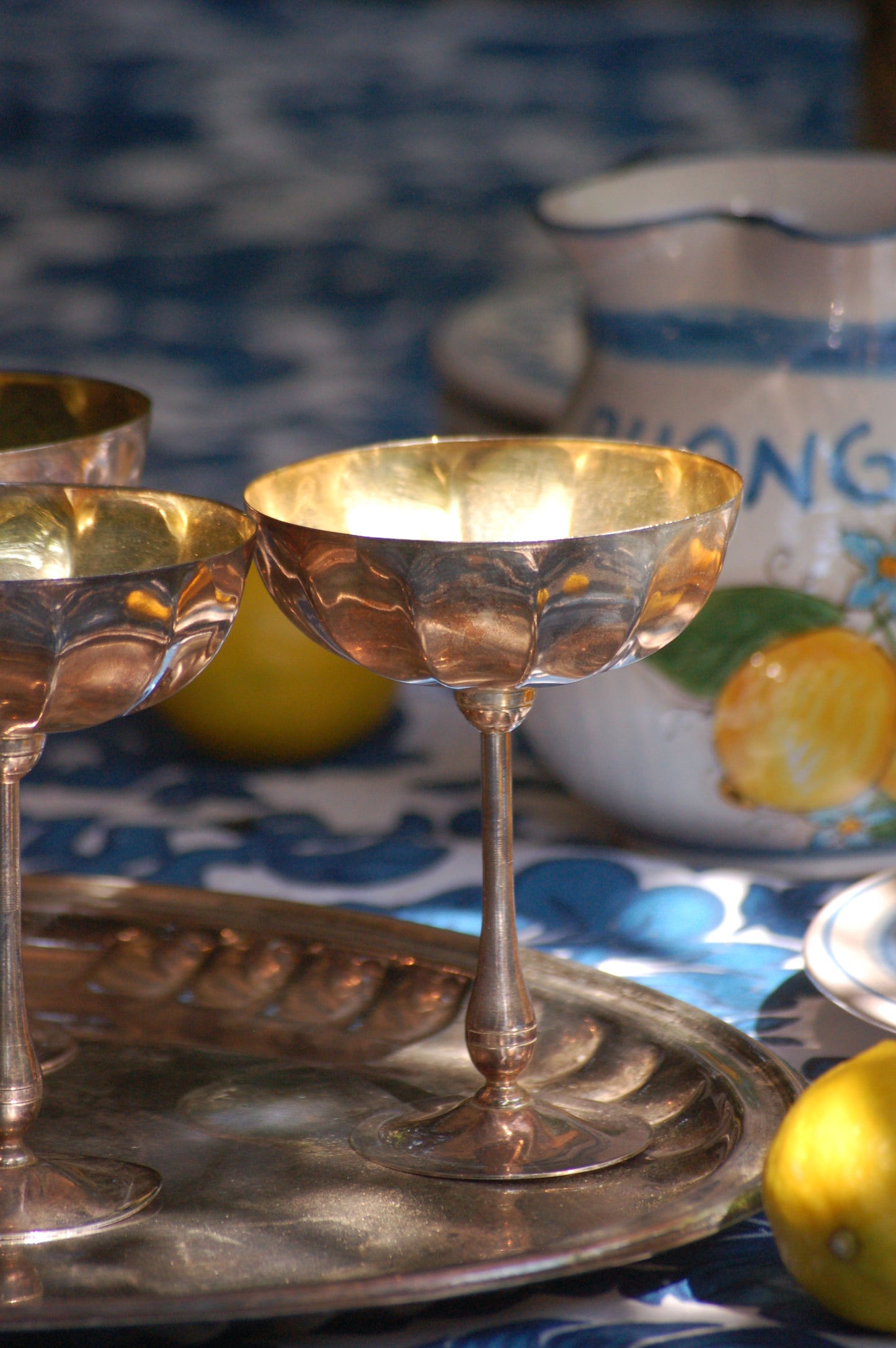 Vintage Rare 1960s Italian Silver and Gold-plated champagne coupes with tray | Gelato serving set | vintage Dolce Vita coupes