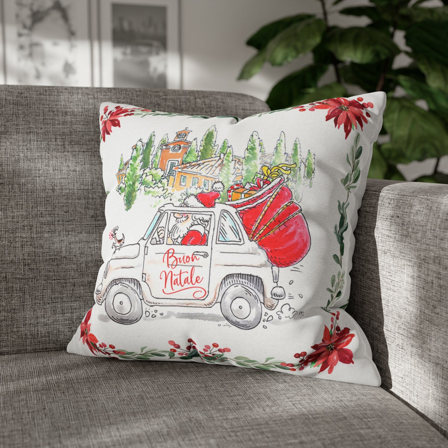 Babbo Natale Italy Christmas Pillow – Fiat 500 Tuscan Holiday Cushion Cover