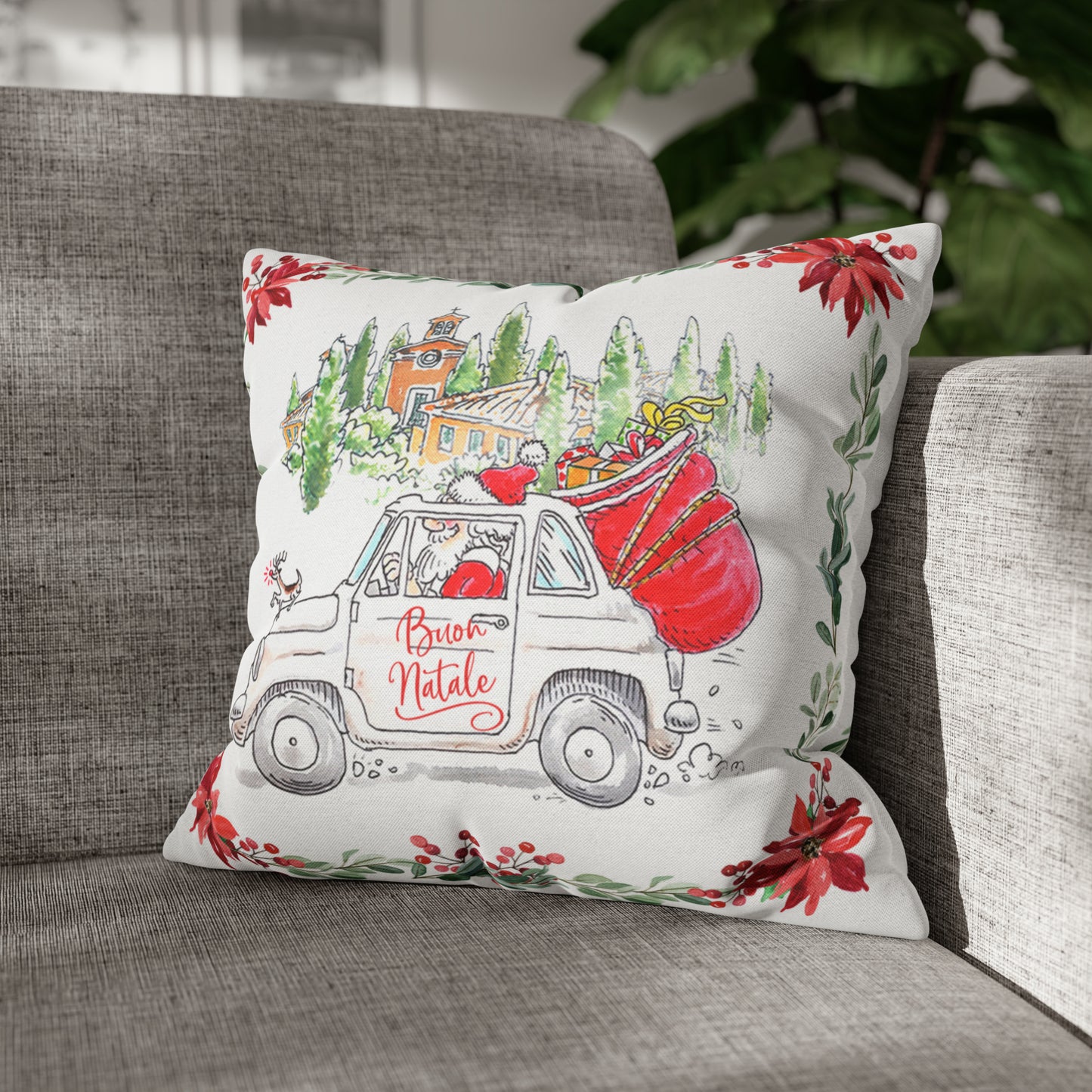 Babbo Natale Italy Christmas Pillow – Fiat 500 Tuscan Holiday Cushion Cover