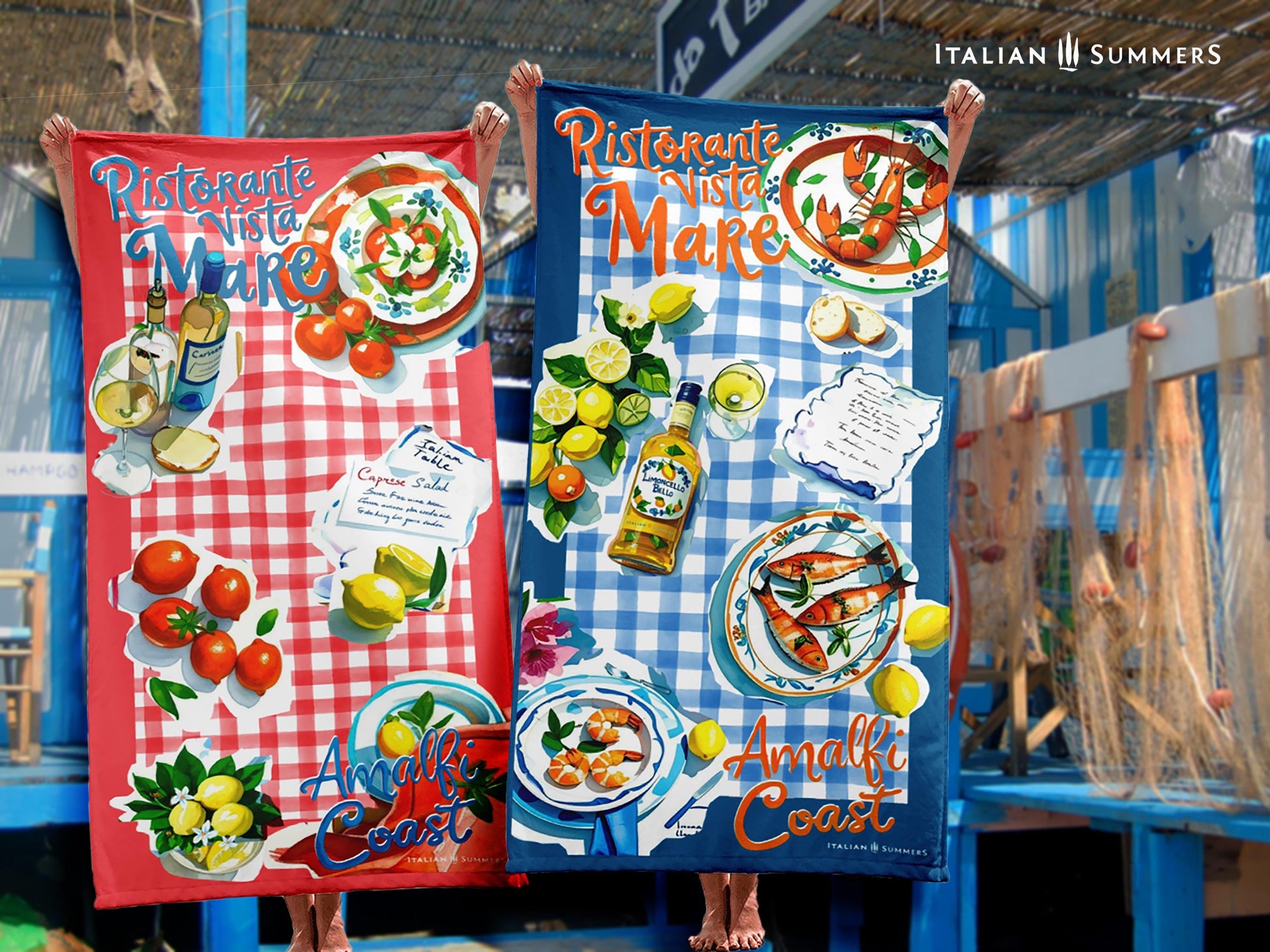 Two  beach towels featuring a red or blue  rim with red and white, or blue and white  checkered pattern, a collage of cut-out illustrations of Italian dishes such as in a quaint seaside restaurant, lemons, and a bottle of white wine, with the texts “Ristorante Vista Mare” on top and “Amalfi Coast” on the bottom, evoking an authentic Italian seaside trattoria vibe