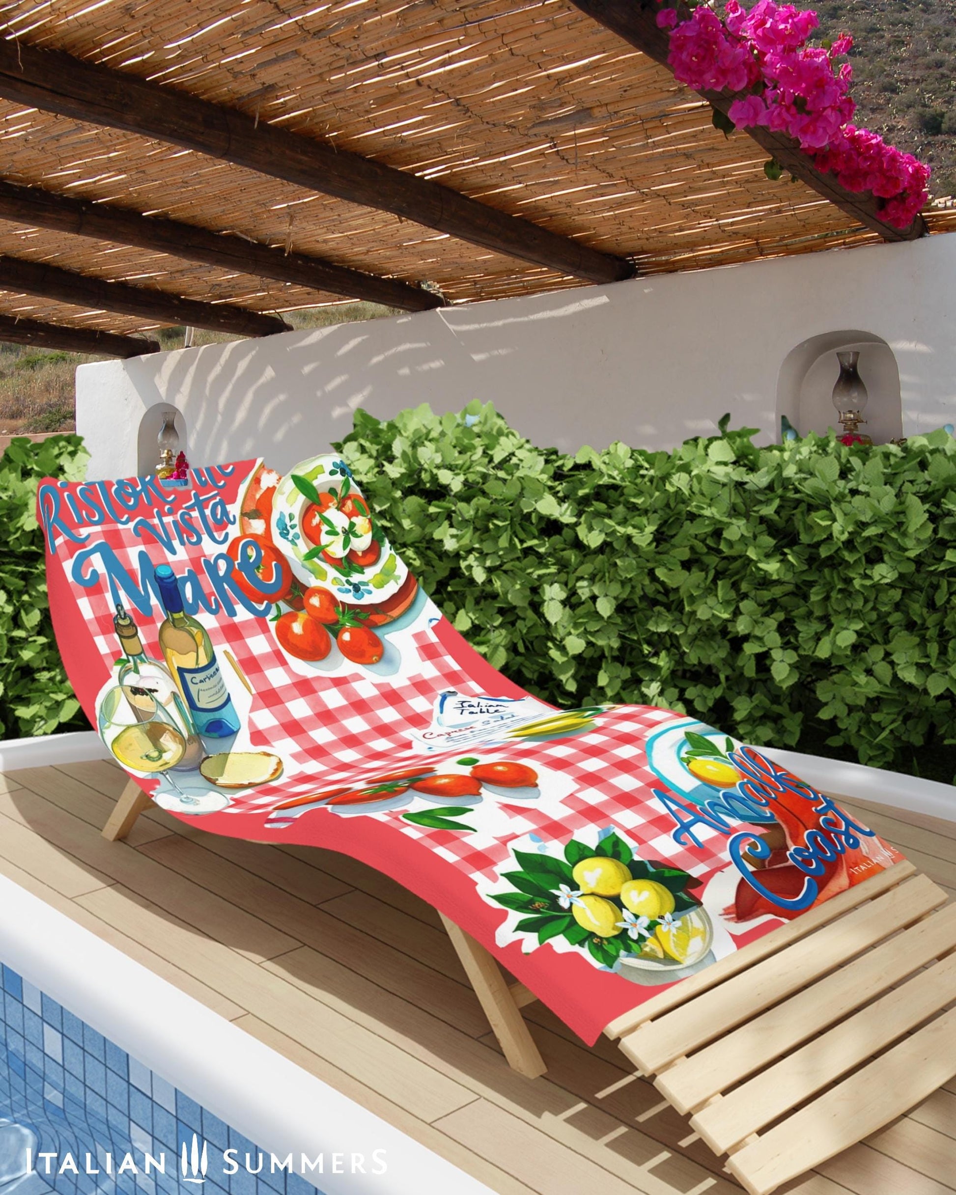 Two  beach towels featuring a red or blue  rim with red and white, or blue and white  checkered pattern, a collage of cut-out illustrations of Italian dishes such as in a quaint seaside restaurant, lemons, and a bottle of white wine, with the texts “Ristorante Vista Mare” on top and “Amalfi Coast” on the bottom, evoking an authentic Italian seaside trattoria vibe