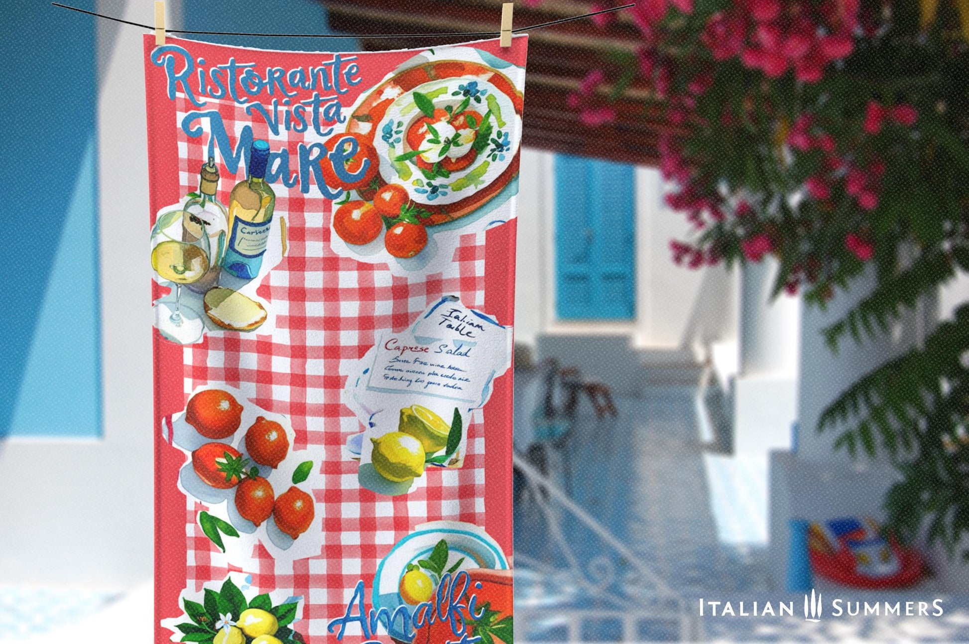Two  beach towels featuring a red or blue  rim with red and white, or blue and white  checkered pattern, a collage of cut-out illustrations of Italian dishes such as in a quaint seaside restaurant, lemons, and a bottle of white wine, with the texts “Ristorante Vista Mare” on top and “Amalfi Coast” on the bottom, evoking an authentic Italian seaside trattoria vibeTwo  beach towels featuring a red or blue  rim with red and white, or blue and white  checkered pattern, a collage of cut-out illustrations of Ital