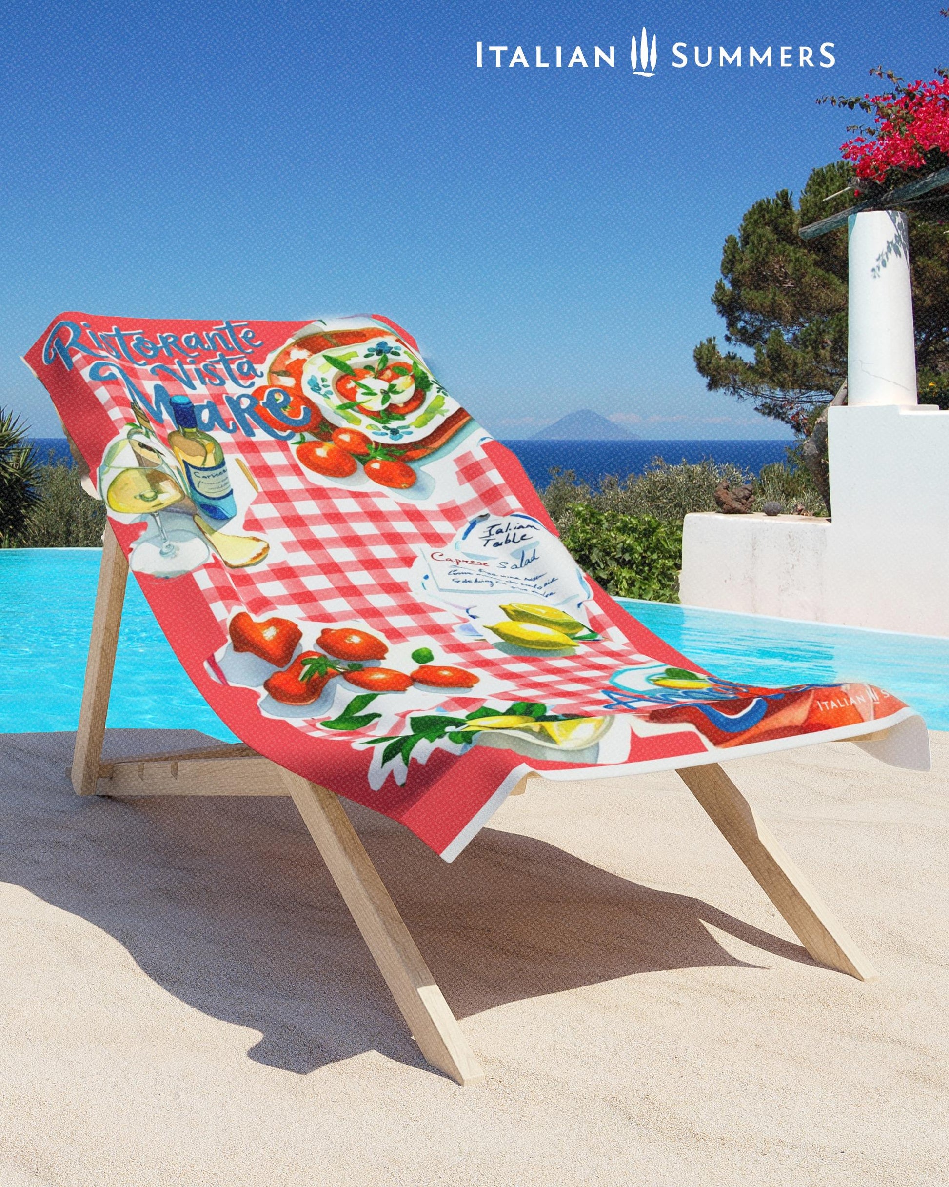 Two  beach towels featuring a red or blue  rim with red and white, or blue and white  checkered pattern, a collage of cut-out illustrations of Italian dishes such as in a quaint seaside restaurant, lemons, and a bottle of white wine, with the texts “Ristorante Vista Mare” on top and “Amalfi Coast” on the bottom, evoking an authentic Italian seaside trattoria vibe