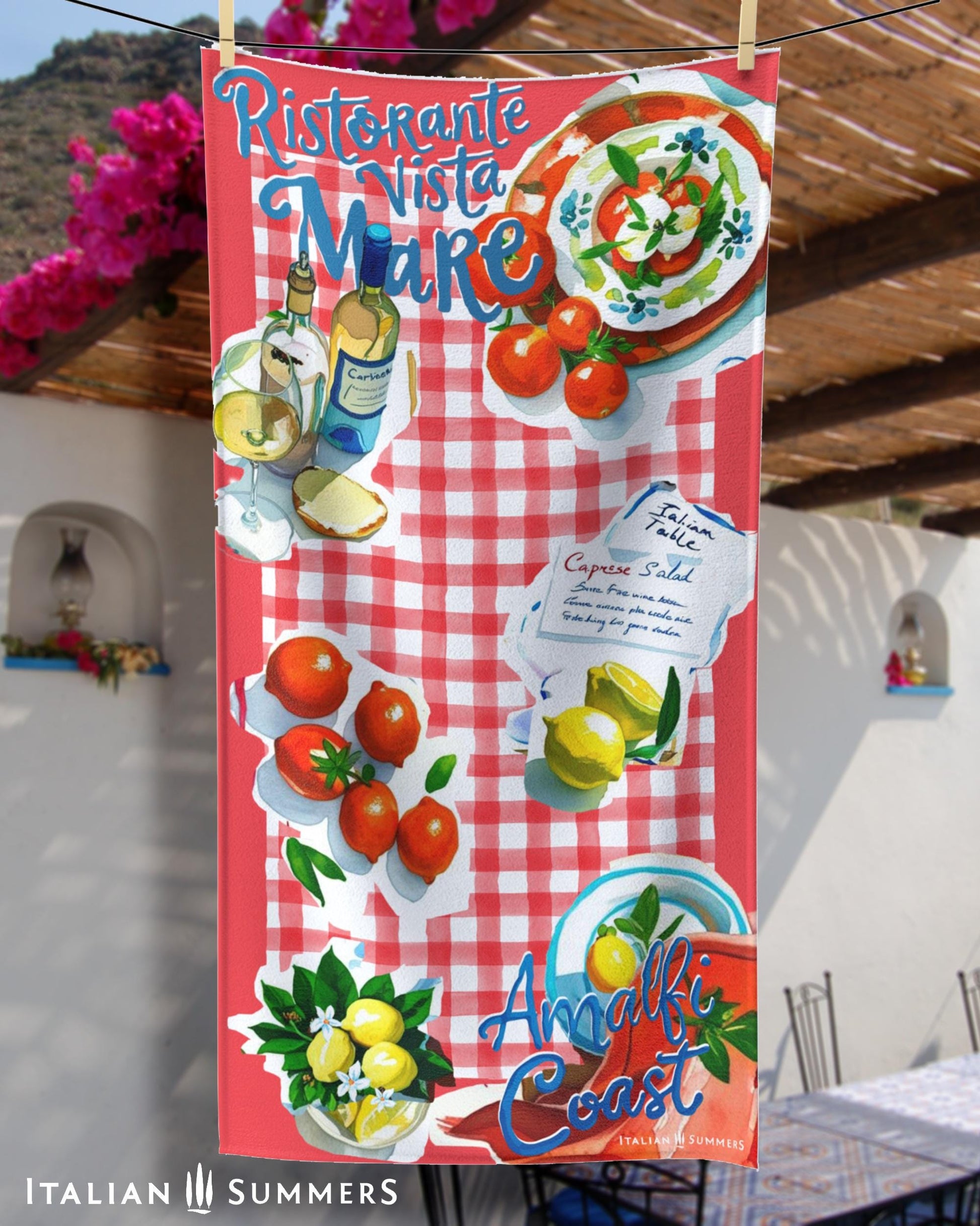Two  beach towels featuring a red or blue  rim with red and white, or blue and white  checkered pattern, a collage of cut-out illustrations of Italian dishes such as in a quaint seaside restaurant, lemons, and a bottle of white wine, with the texts “Ristorante Vista Mare” on top and “Amalfi Coast” on the bottom, evoking an authentic Italian seaside trattoria vibe