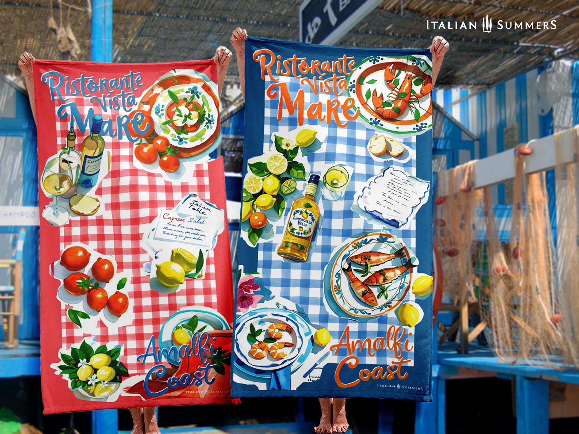 A beach towel featuring a blue rim with blue and white checkered patterns, hand-painted cut-out illustrations of Italian seafood, lemons, and limoncello, with the texts “Ristorante Vista Mare” on top and “Amalfi Coast” on the bottom, evoking an authentic Italian seaside trattoria vibe