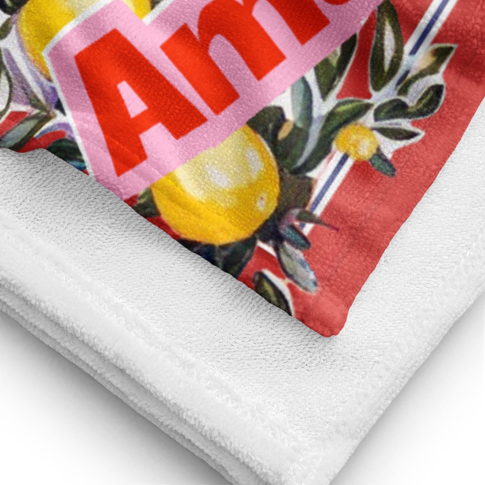 Illustrated Amalfi Coast beach towel featuring a funny seagull wearing sunglasses and a life saver while standing under a striped beach umbrella, Positano in the background, and vintage lemon borders with the text Bagno Antonio and Amalfi Coast Designed by Italian Summers