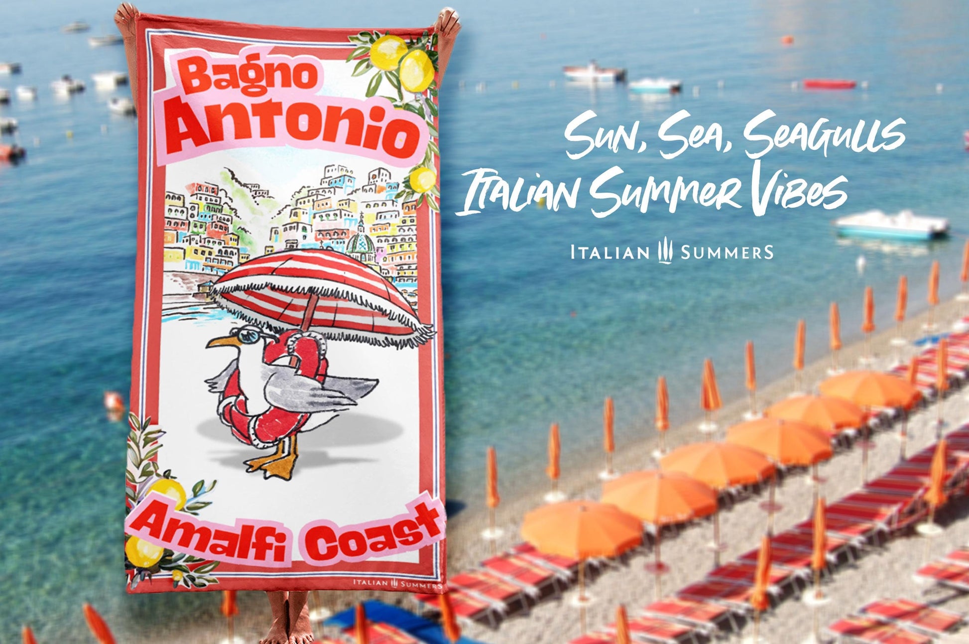 Illustrated Amalfi Coast beach towel featuring a funny seagull wearing sunglasses and a life saver while standing under a striped beach umbrella, Positano in the background, and vintage lemon borders with the text Bagno Antonio and Amalfi Coast Designed by Italian Summers