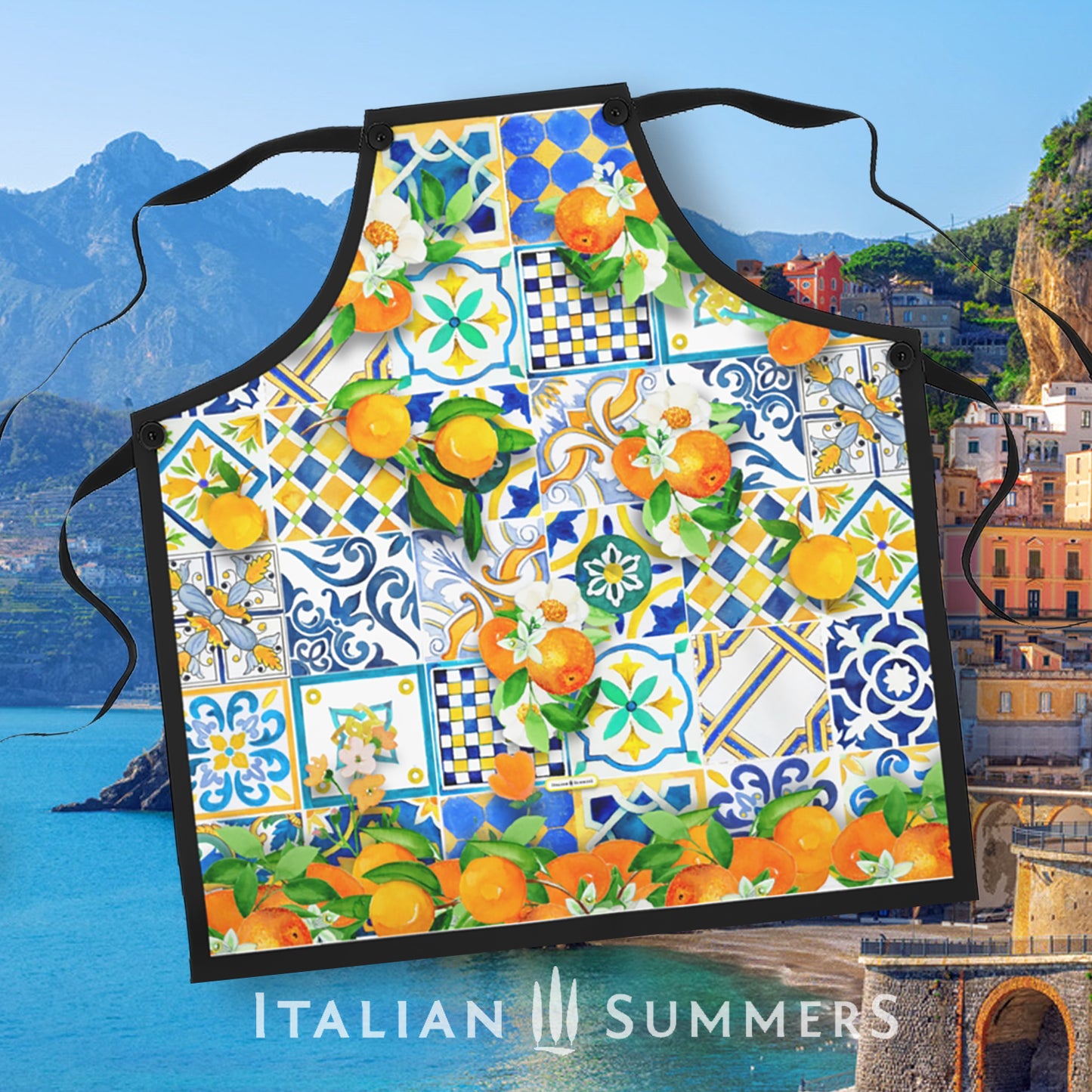 Italy-inspired apron decorated with bright, sunny and colorful tiles reminiscent of the Amalfi Coast . All decorated with bundles of oranges with blooms. A must-have for anyone who loves Italy.