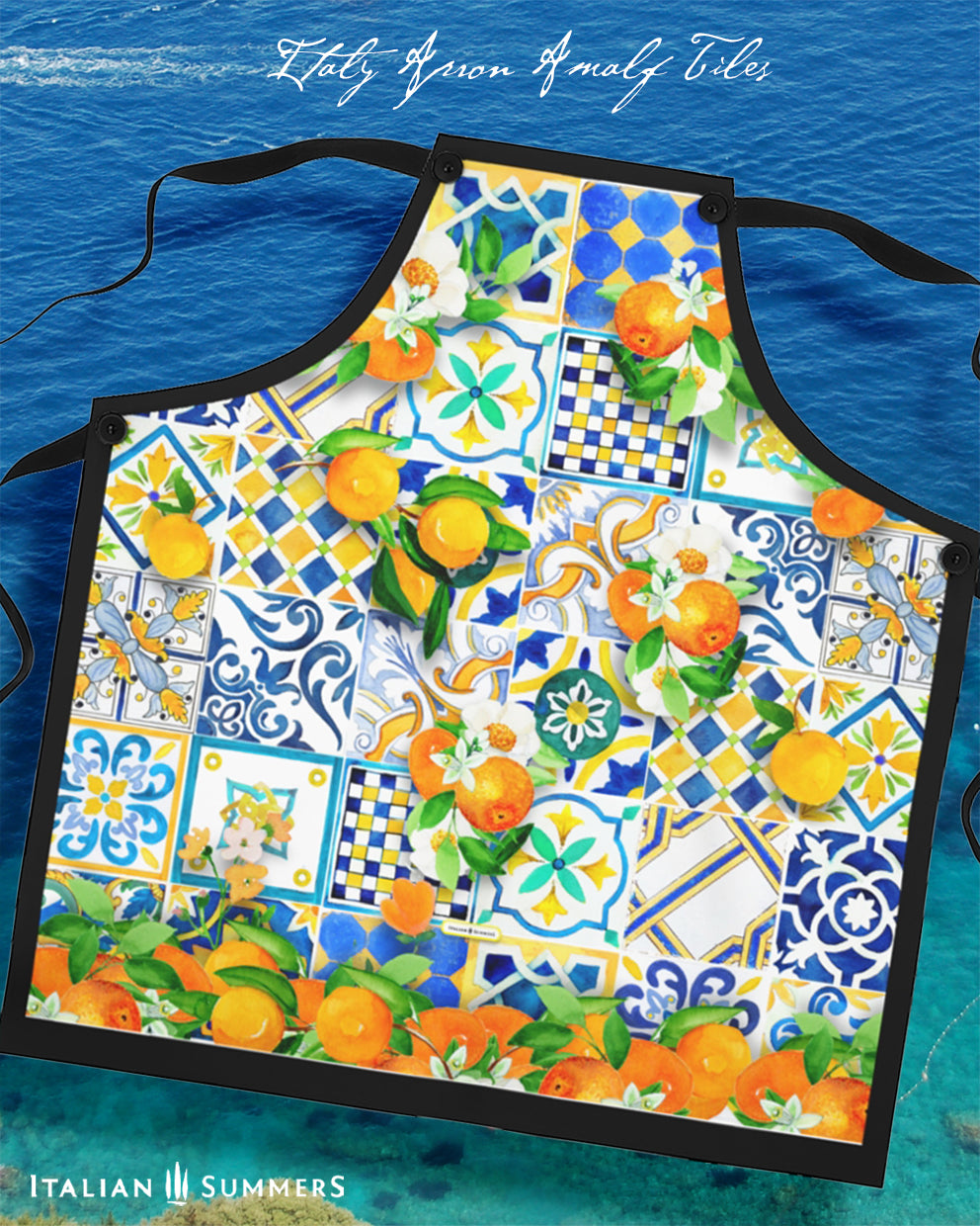 Italy-inspired apron decorated with bright, sunny and colorful tiles reminiscent of the Amalfi Coast . All decorated with bundles of oranges with blooms. A must-have for anyone who loves Italy.
