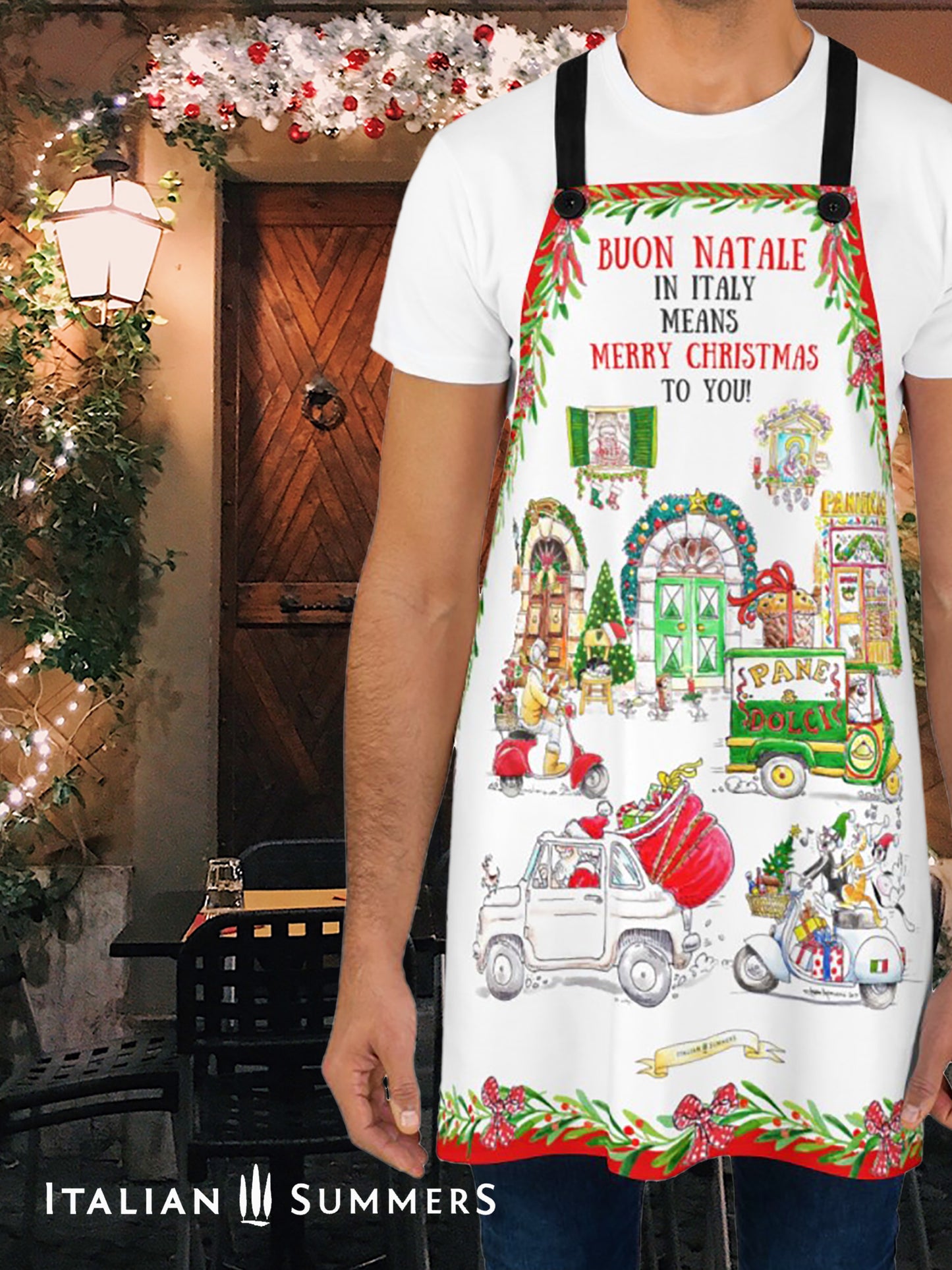 Festive Italian Christmas apron worn in kitchen – Natale holiday design