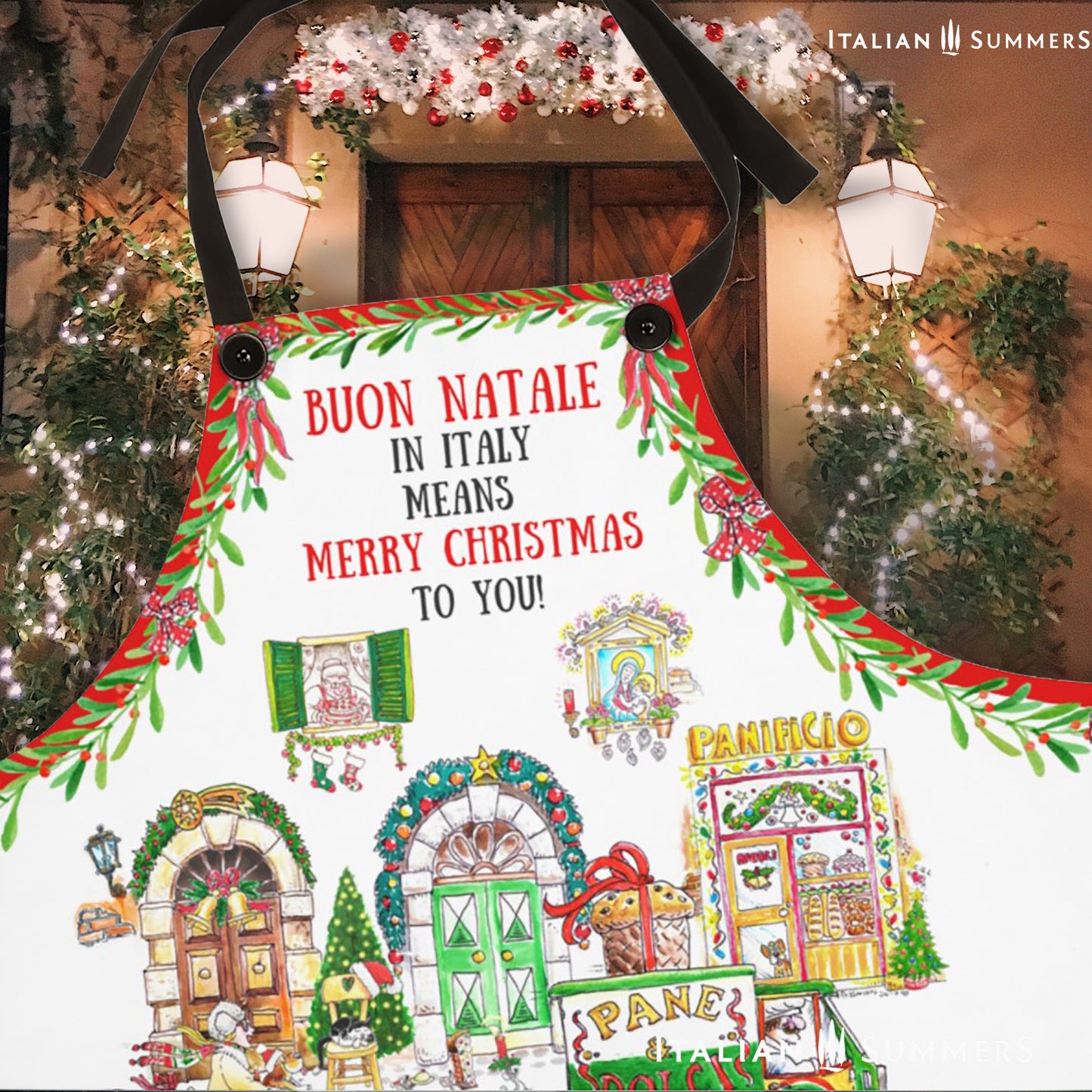 Vintage-inspired Italian Christmas scenes on holiday apron