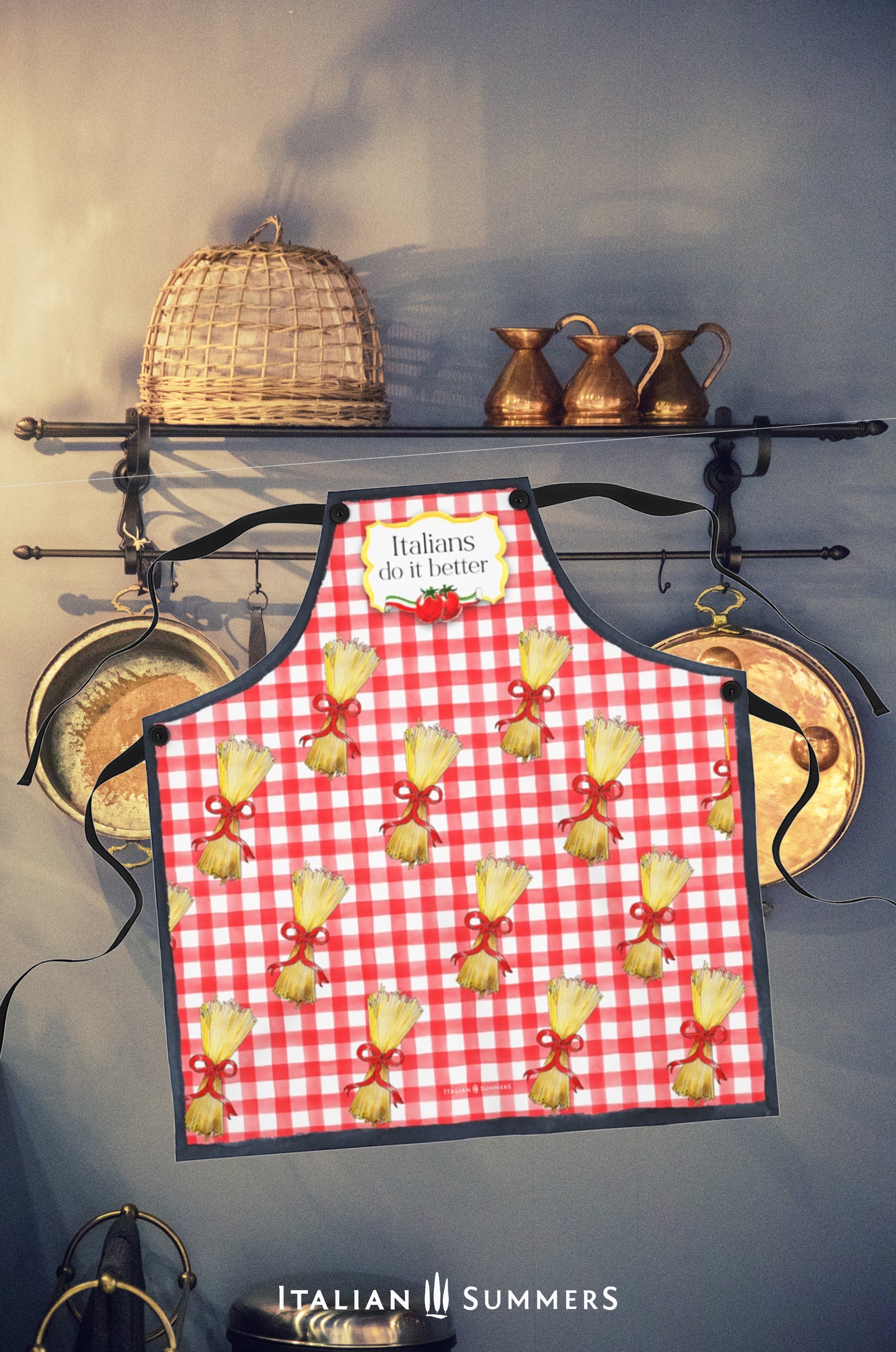 A happy red-checkered printed pattern apron with bundles of spaghetti with red bows . On the chest is a yellow gold frame with the text: Italians do it better, and two happy tomatoes with an Italian flag