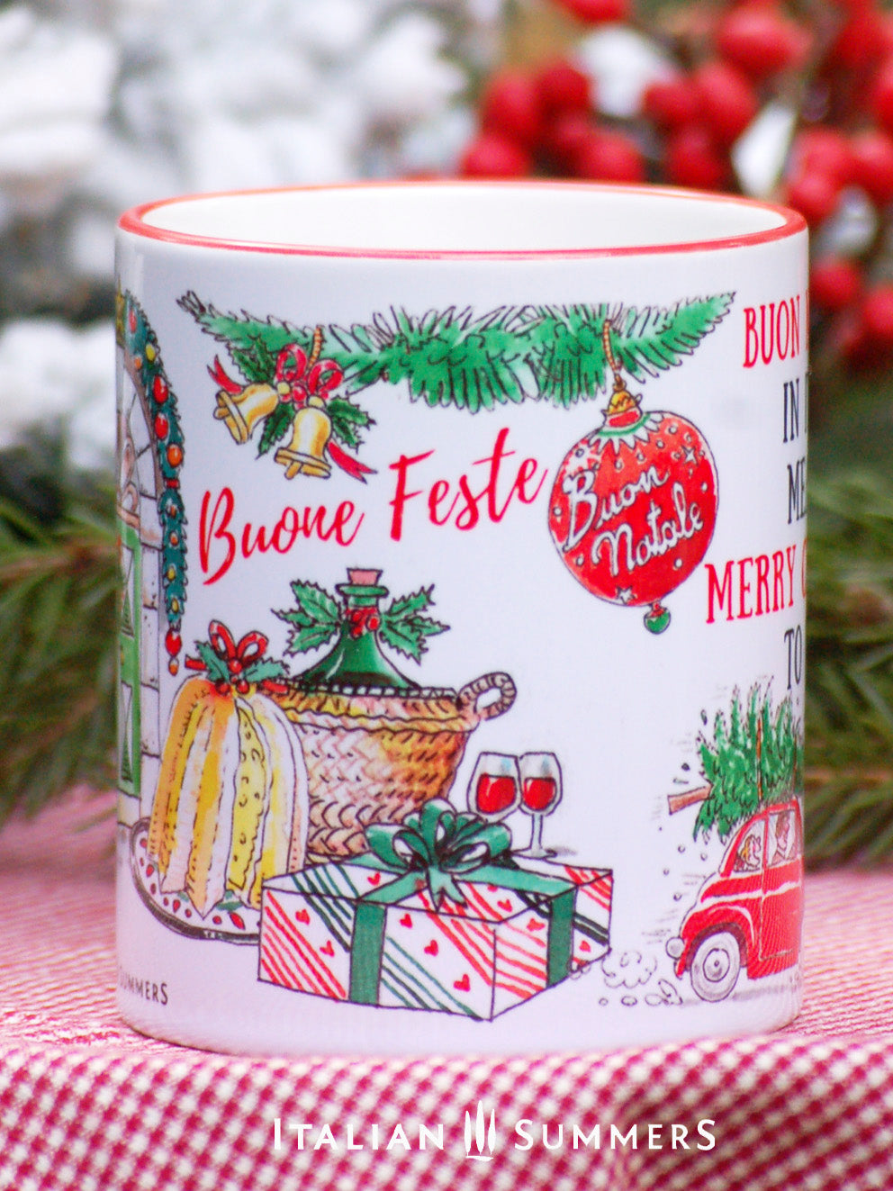 Holiday ceramic coffee cup Italy-inspired with Christmas door design