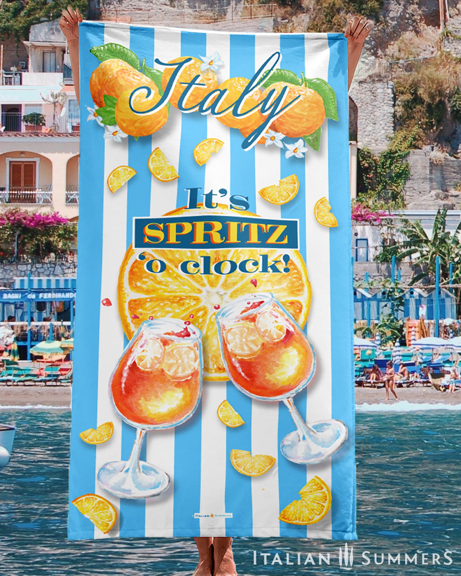It's always Spritz o'clock somewhere! Of course it would be the best to have it in Italy!  Your vibrantly coloured and supersoft Spritz 'o Clock beach towel keeps you company during the day on the beach while you are making plans for an aperitivo.