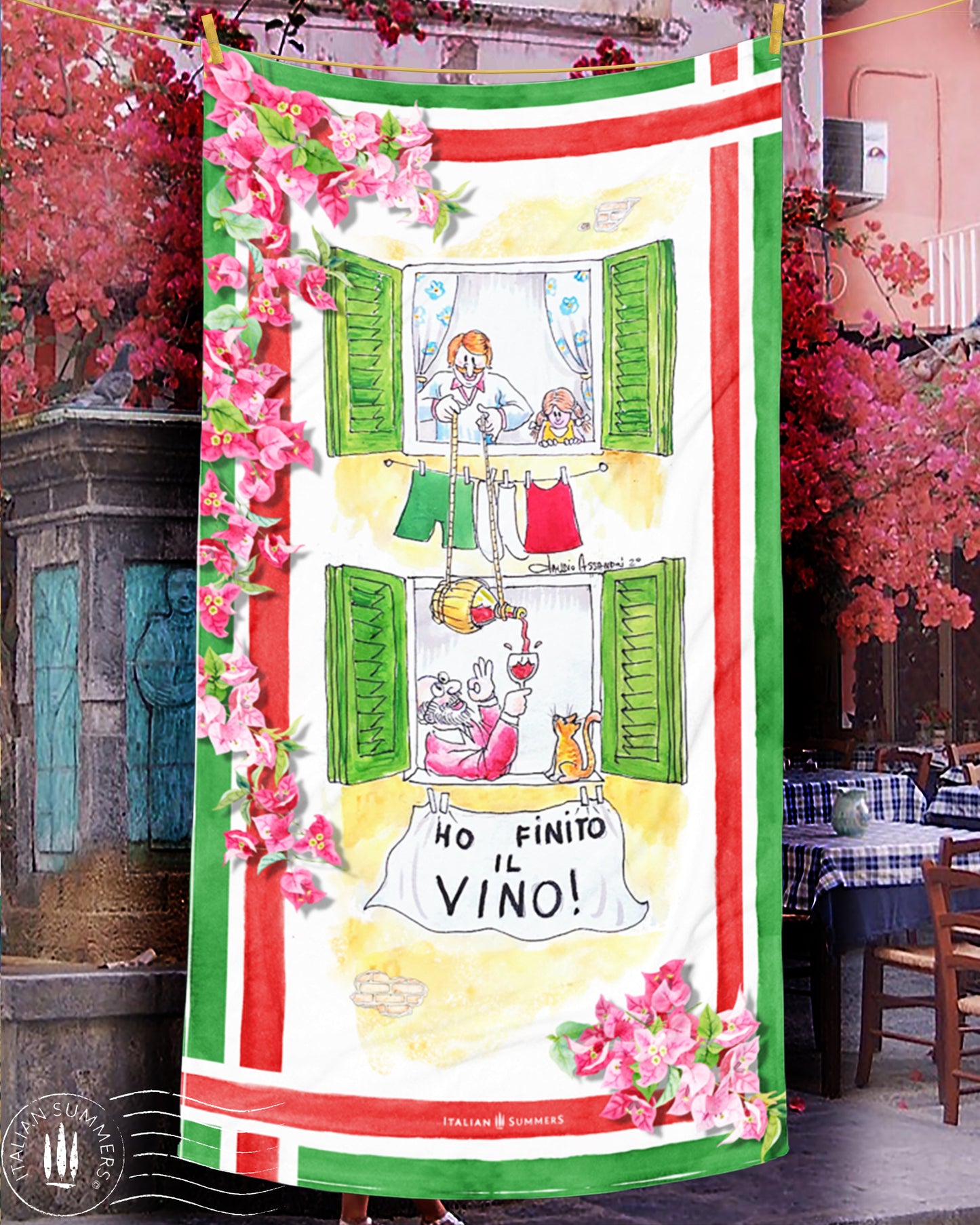 Italy inspired beachtowel depicting a hand painted illustration of an Italian dad with his small daughter at their window, lowering a flask of good Chianti wine on a rope to serve their downstairs neighbor who ran out of wine during the 2020 lockdown. Italian solidarity at play! Made by Italian Summers