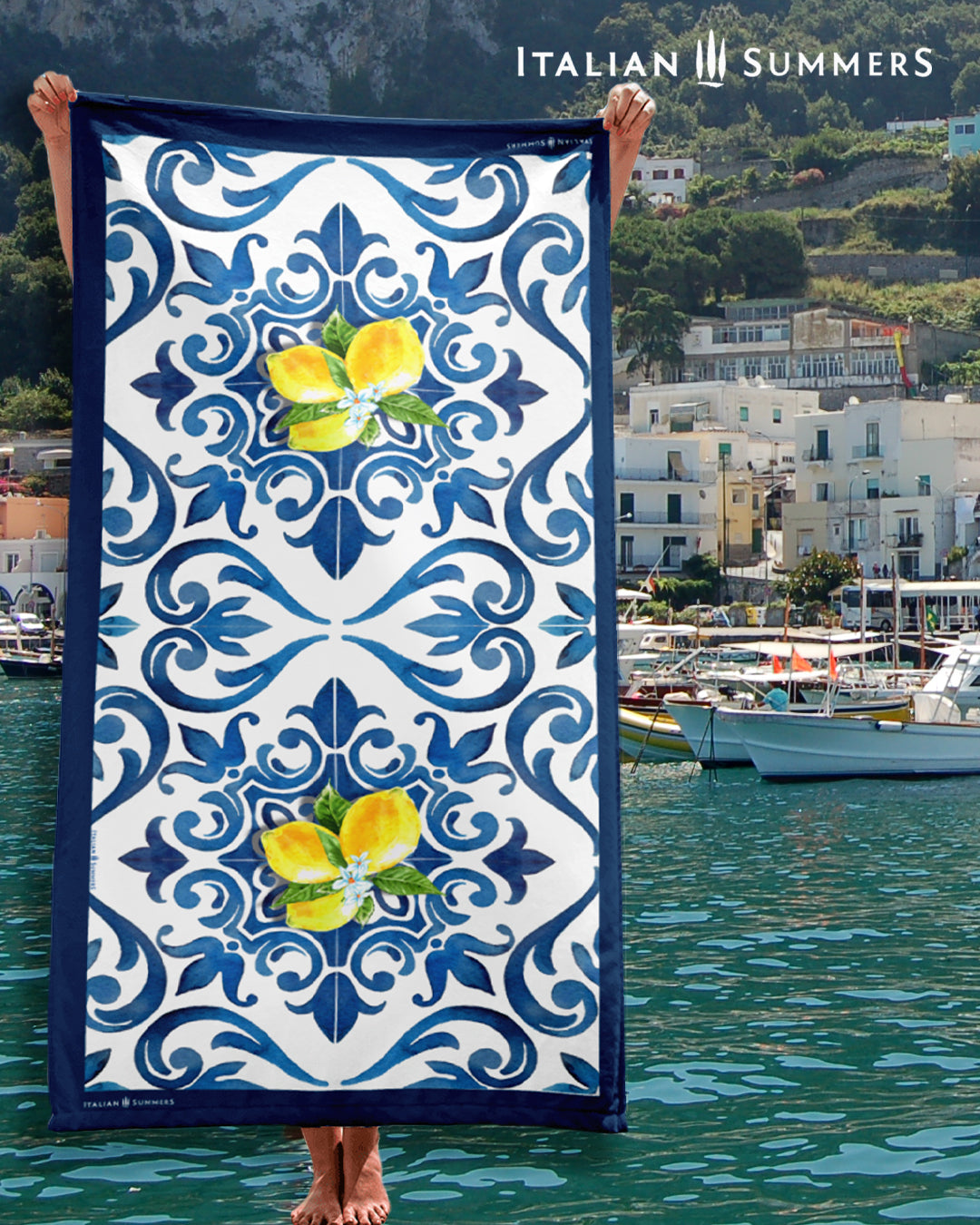 Beach towel Italy TILES and LEMONS, Italy beach towel, Italian Beach, Amalfi Coast, Positano, Capri, Amalfi Lemons, Sorrento Lemons
