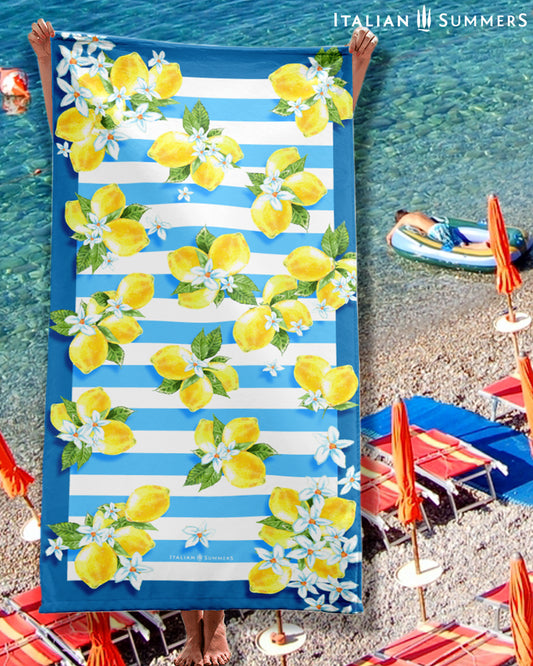 Italy inspired beach towel is for all lovers of Italy. Printed with Sorrento lemons and flowers over aqua blue stripes with a frame of azure blue, Italian beach lovers, Spa lovers, infinity pool lovers and simply Italy lovers!