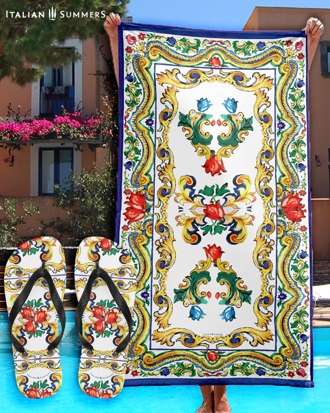 Italy inspired flip flops with Sicilian maiolica tiles. White flip flops with a black strap. The design on the base of the flip flops are large Sicilian tiles . Main colors are white, red, gold, green and blue. In this picture is also our beach towel with Sicilian miaolica tiles. Made by Italian Summers.