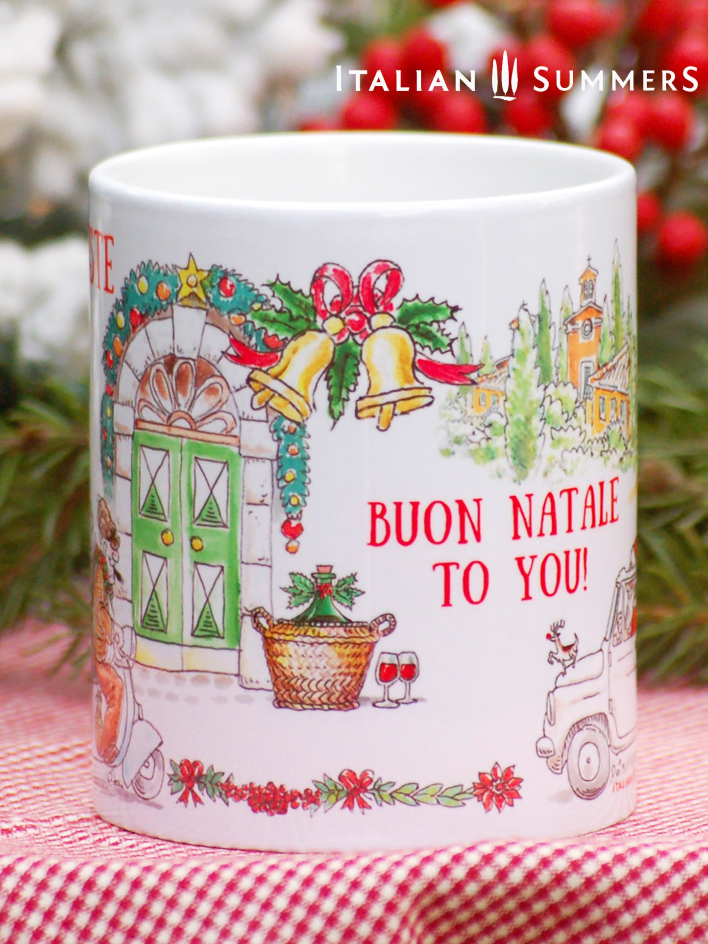 Italian Christmas mug! From Santa driving his Fiat 500 to nonno and nonna cruising the town on their vintage vespa, this mug lets you transport the warm and cozy atmosphere of an Italian Christmas tradition. Made by Italian Summers.