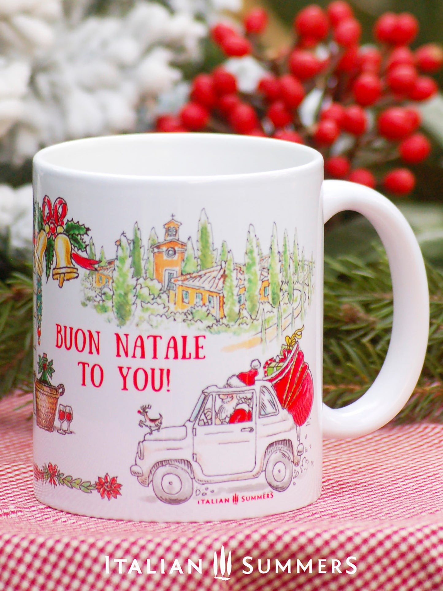 Italian Christmas mug! From Santa driving his Fiat 500 to nonno and nonna cruising the town on their vintage vespa, this mug lets you transport the warm and cozy atmosphere of an Italian Christmas tradition. Made by Italian Summers.