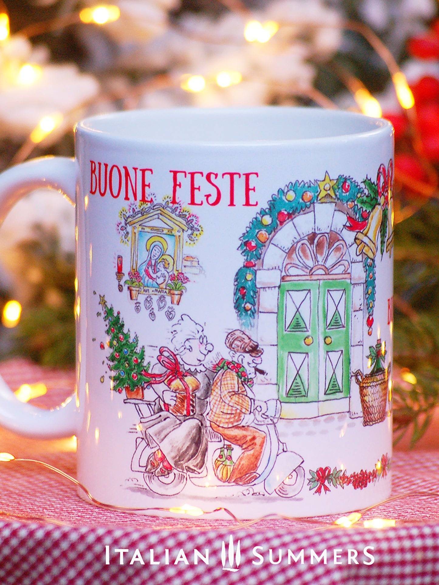 Italian Christmas mug! From Santa driving his Fiat 500 to nonno and nonna cruising the town on their vintage vespa, this mug lets you transport the warm and cozy atmosphere of an Italian Christmas tradition. Made by Italian Summers.