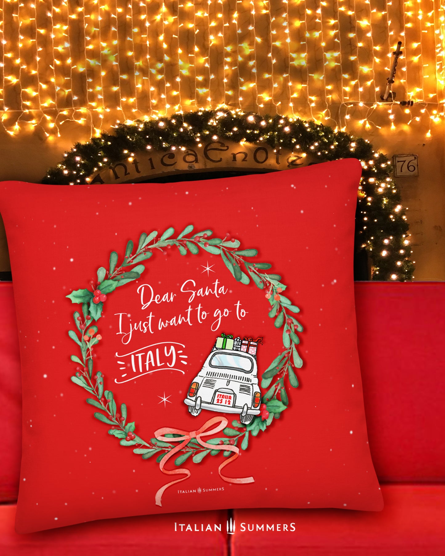 Festive Italian Christmas pillow cover with Fiat 500 and holiday presents