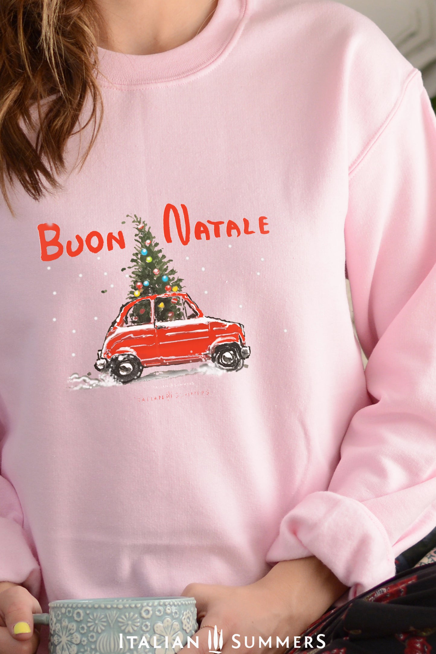 Cozy Italy Christmas sweatshirt styled for holidays – Fiat 500 with tree design