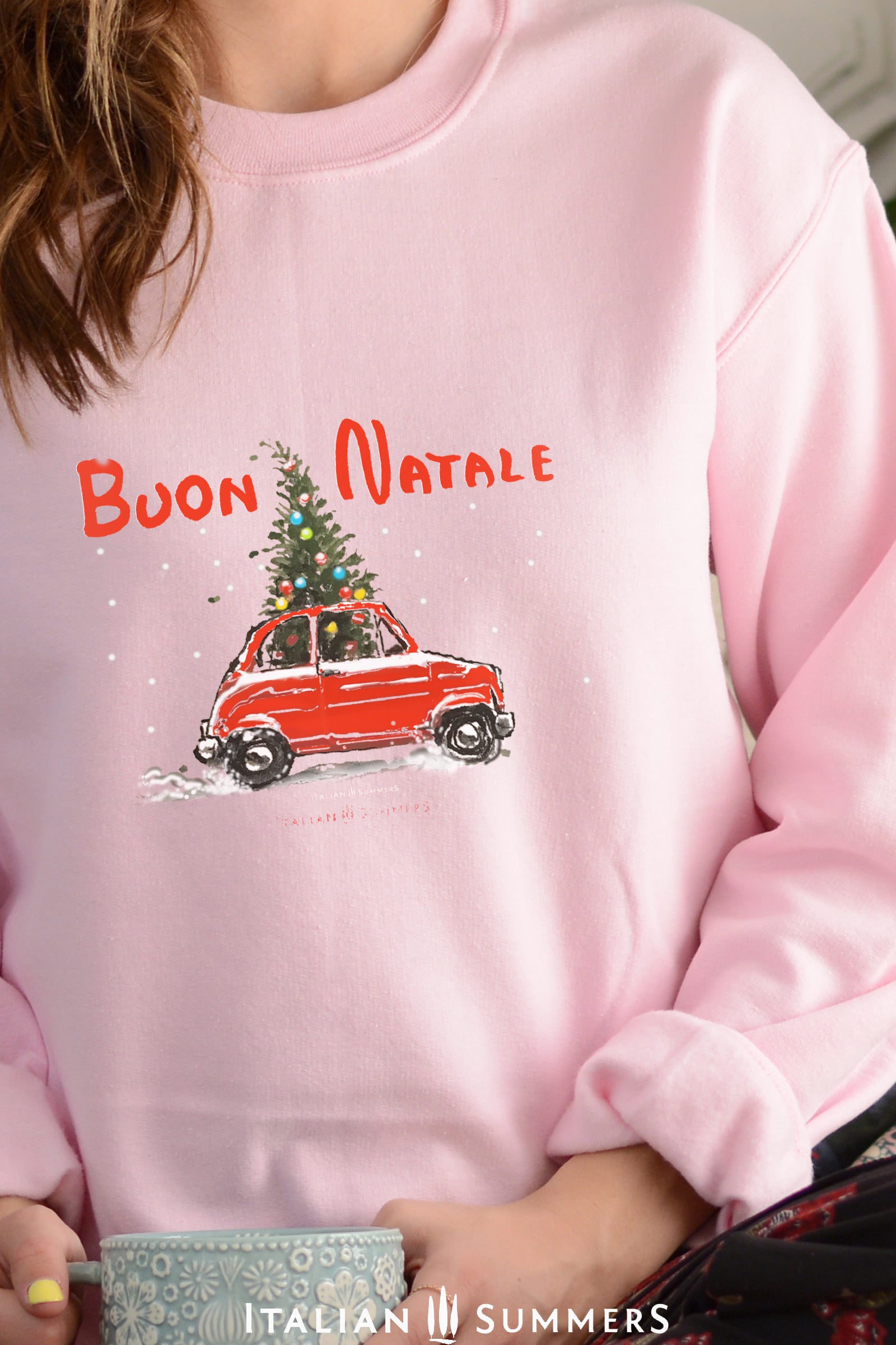 Cozy Italy Christmas sweatshirt styled for holidays – Fiat 500 with tree design
