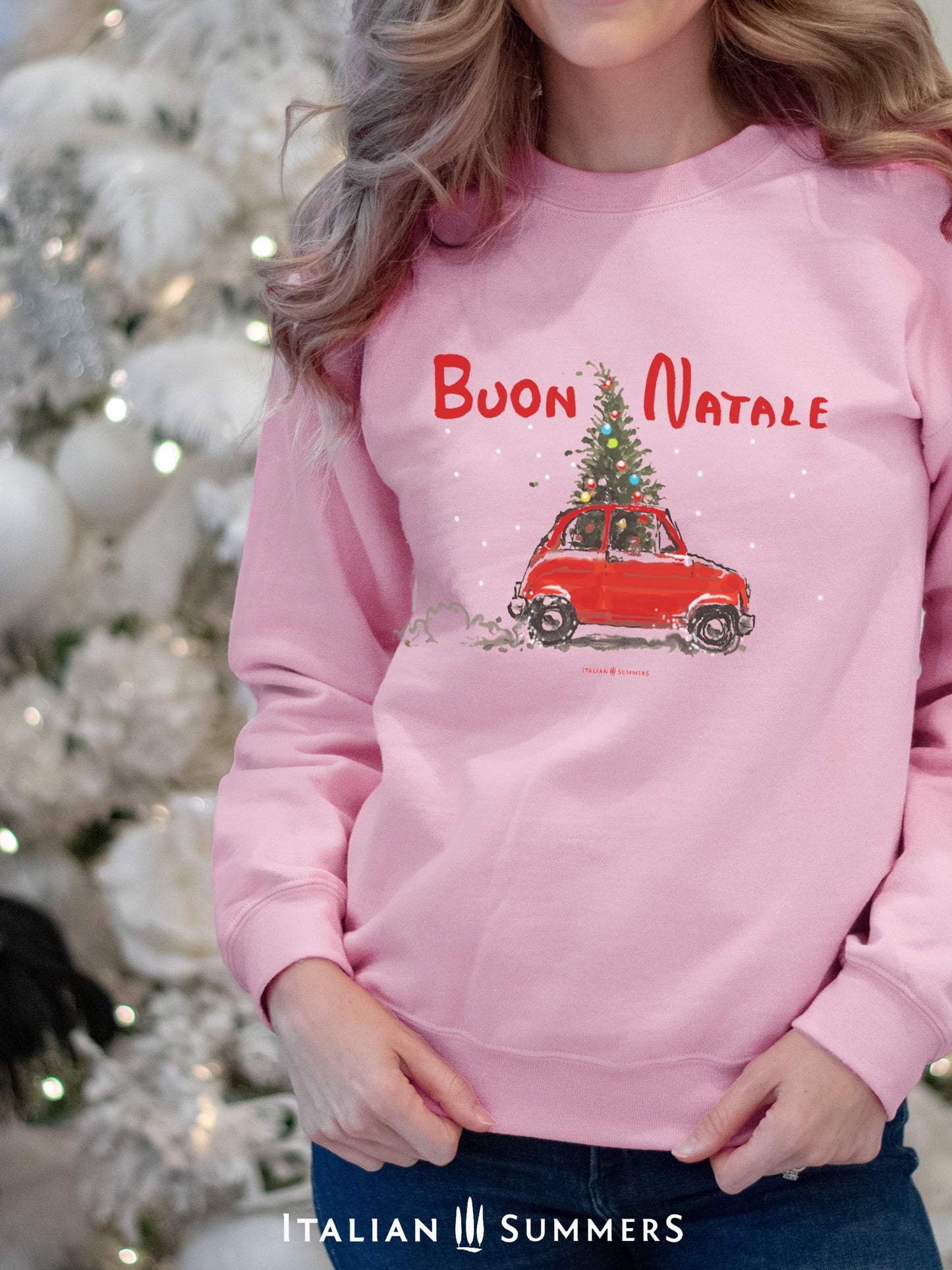 Red vintage Fiat 500 with Christmas tree graphic on Italy Christmas sweatshirt