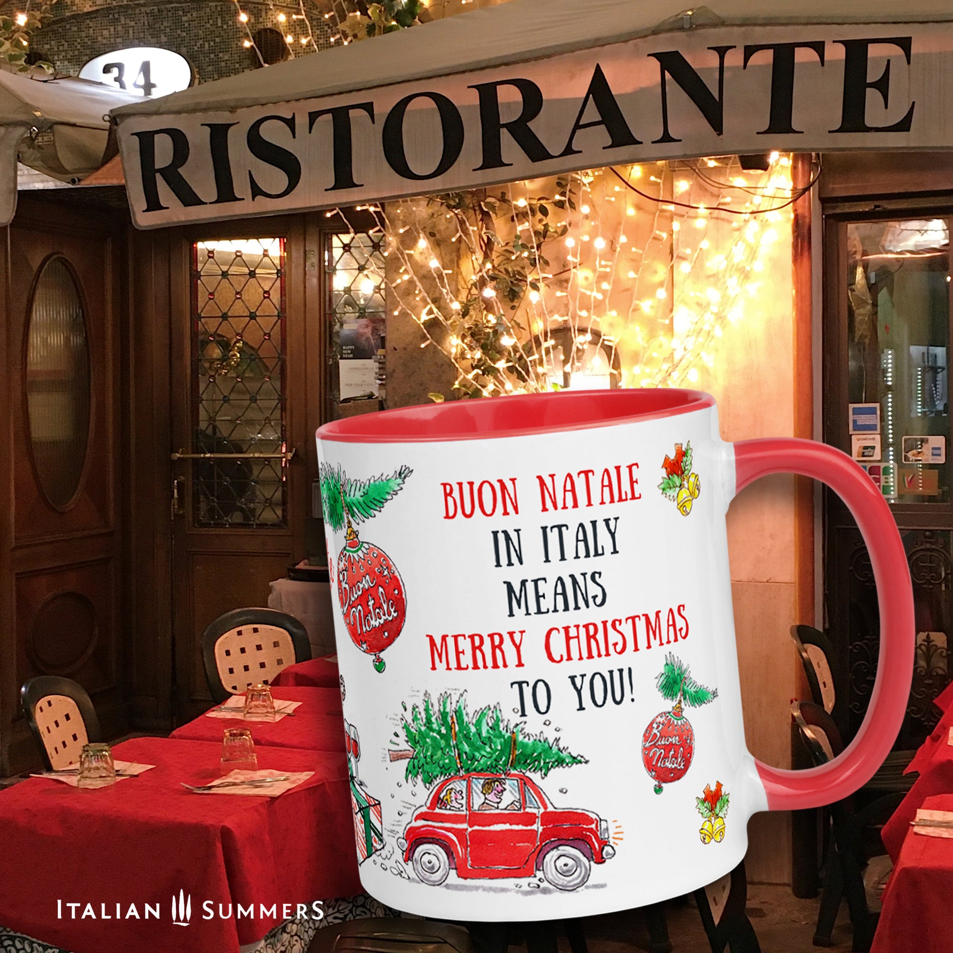 Holiday ceramic coffee cup Italy-inspired with Christmas door design