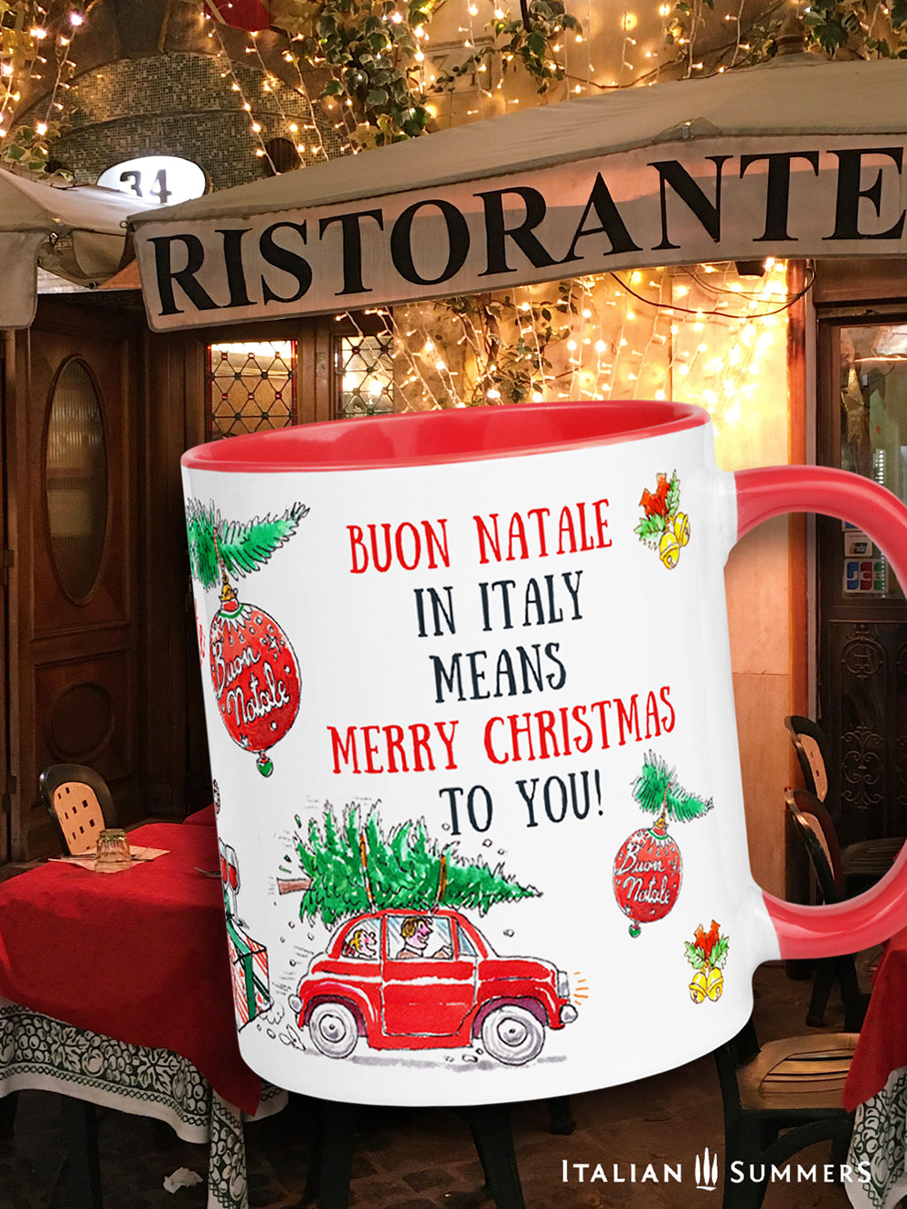 Italian Christmas mug with green door, gifts, wine & panettone