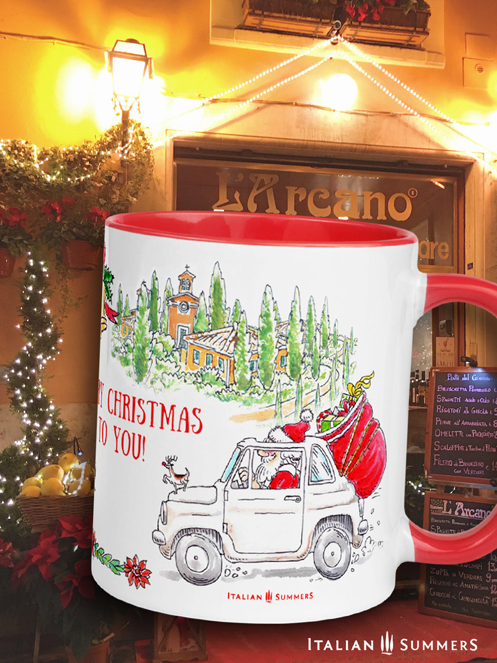 Italian Christmas mug! From Santa driving his Fiat 500 to nonno and nonna cruising the town on their vintage vespa, this mug lets you transport the warm and cozy atmosphere of an Italian Christmas tradition. Made by Italian Summers.