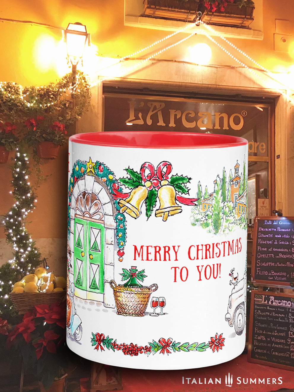 Italian Christmas mug! From Santa driving his Fiat 500 to nonno and nonna cruising the town on their vintage vespa, this mug lets you transport the warm and cozy atmosphere of an Italian Christmas tradition. Made by Italian Summers.