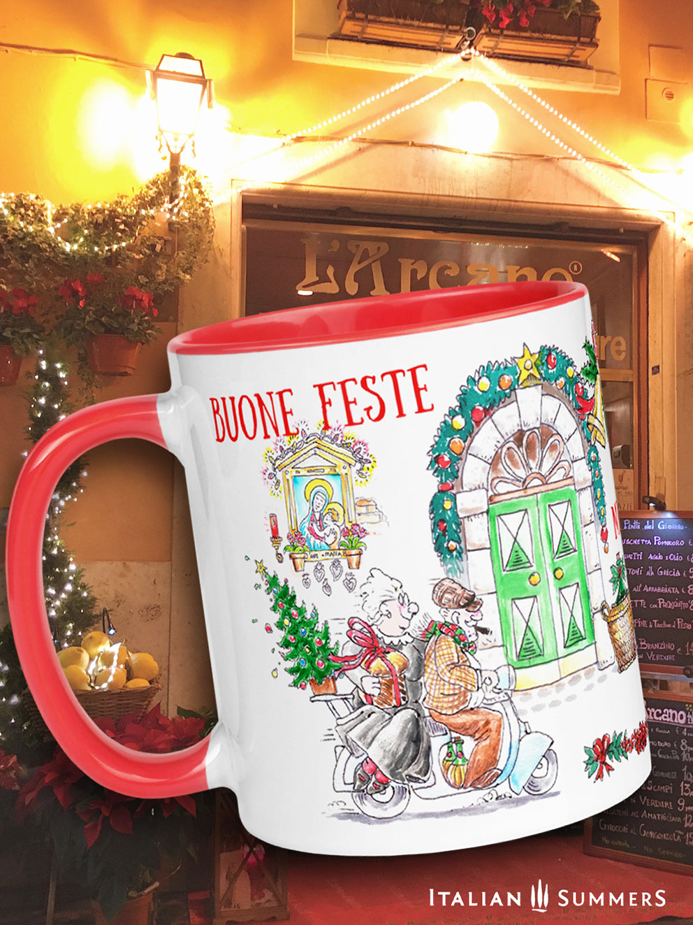 Italian Christmas mug! From Santa driving his Fiat 500 to nonno and nonna cruising the town on their vintage vespa, this mug lets you transport the warm and cozy atmosphere of an Italian Christmas tradition. Made by Italian Summers.