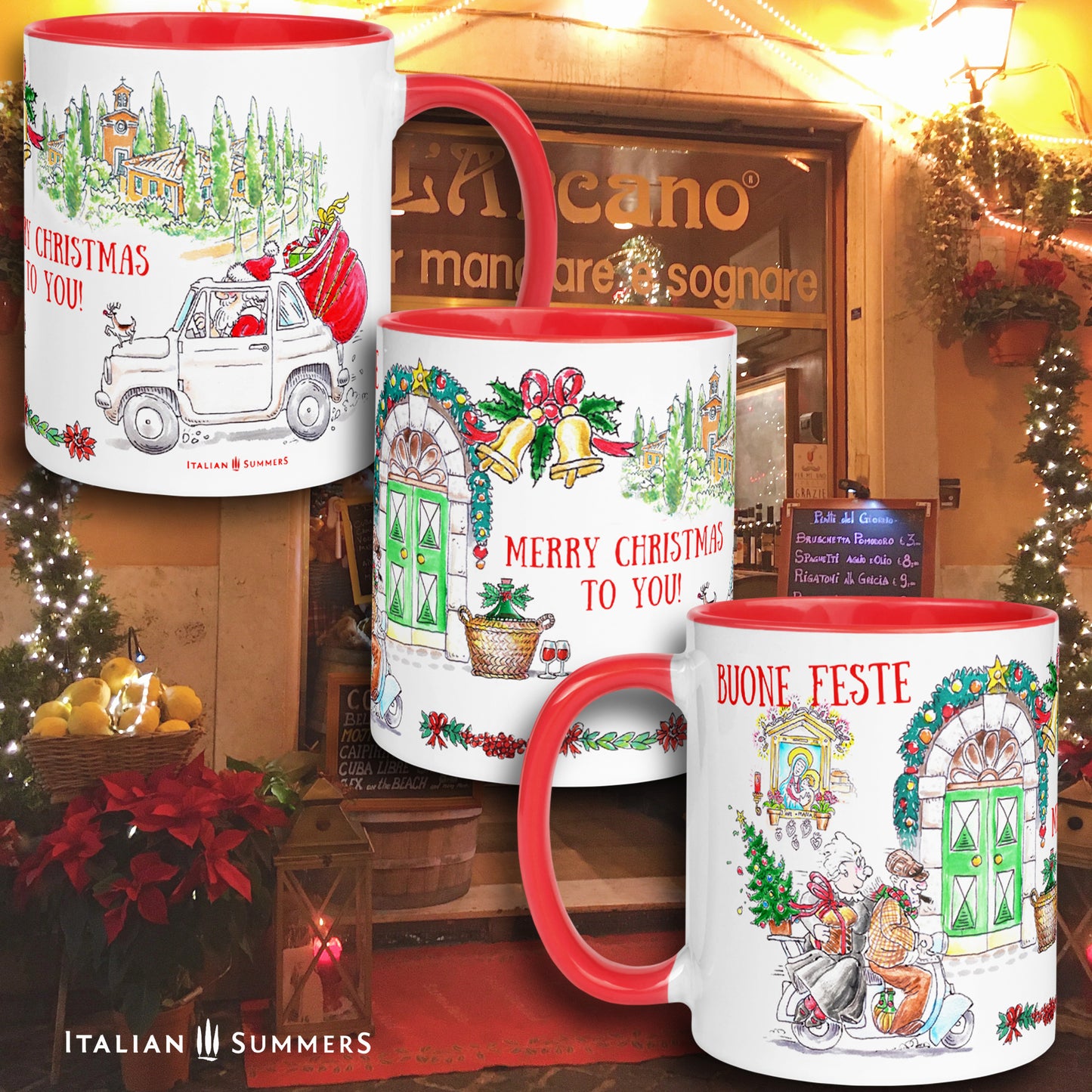 Italian Christmas mug! From Santa driving his Fiat 500 to nonno and nonna cruising the town on their vintage vespa, this mug lets you transport the warm and cozy atmosphere of an Italian Christmas tradition. Made by Italian Summers.