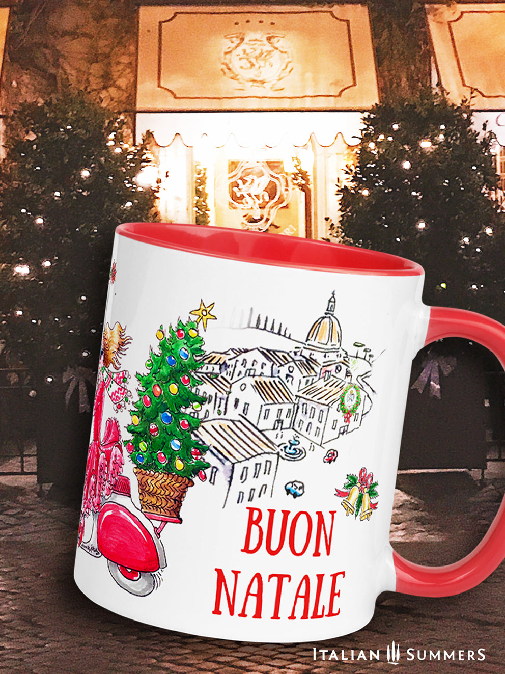 Italian Christmas mug with Dolce Diva riding Vespa and Christmas tree