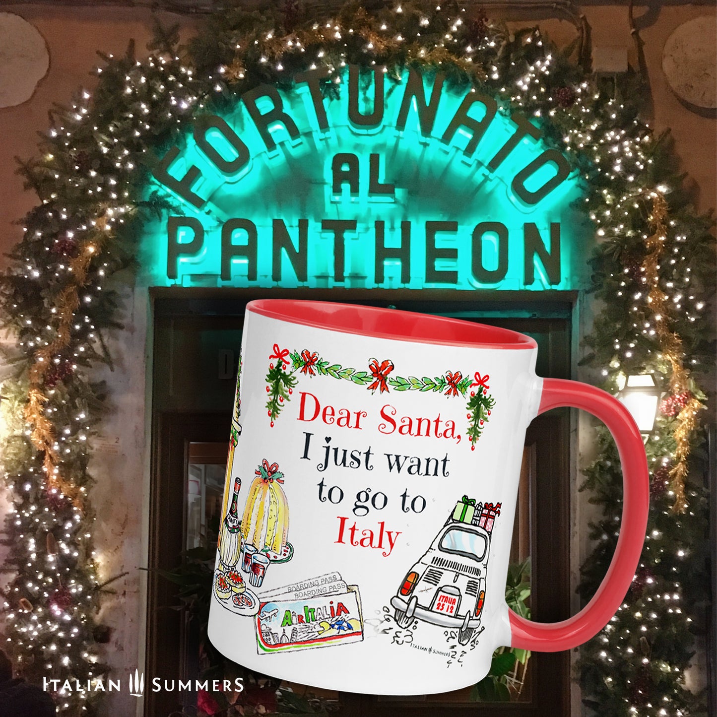 Italy Christmas mug Dear Santa, I just want to go to Italy. This cute mug represents sketches of a vintage Cinquecento seen from the back with presents on the roof, a ticket to Italy, Italian panettone, a book about Italy to cuddle up in front of the fireplace, a flask of good chianti wine, Italian presents and of course our best seller bag "I don't need therapy, I just need to got to Italy". Buon Natale :-) Made with amore by Italian Summers