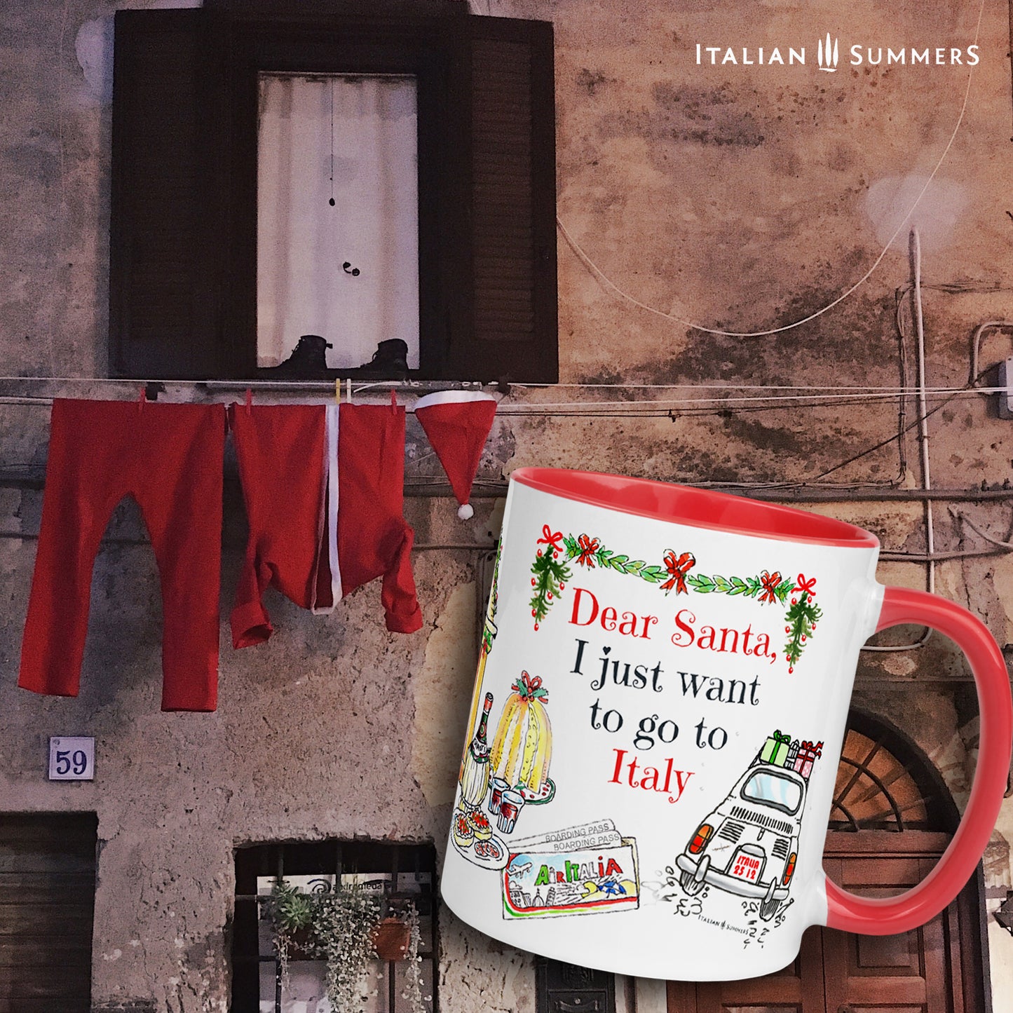 Italy Christmas mug Dear Santa, I just want to go to Italy. This cute mug represents sketches of a vintage Cinquecento seen from the back with presents on the roof, a ticket to Italy, Italian panettone, a book about Italy to cuddle up in front of the fireplace, a flask of good chianti wine, Italian presents and of course our best seller bag "I don't need therapy, I just need to got to Italy". Buon Natale :-) Made with amore by Italian Summers