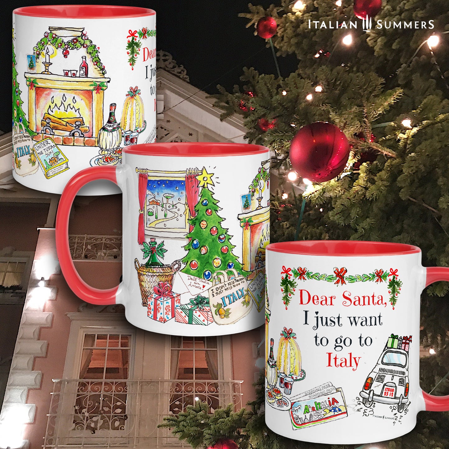 Italy Christmas mug Dear Santa, I just want to go to Italy. This cute mug represents sketches of a vintage Cinquecento seen from the back with presents on the roof, a ticket to Italy, Italian panettone, a book about Italy to cuddle up in front of the fireplace, a flask of good chianti wine, Italian presents and of course our best seller bag "I don't need therapy, I just need to got to Italy". Buon Natale :-) Made with amore by Italian Summers
