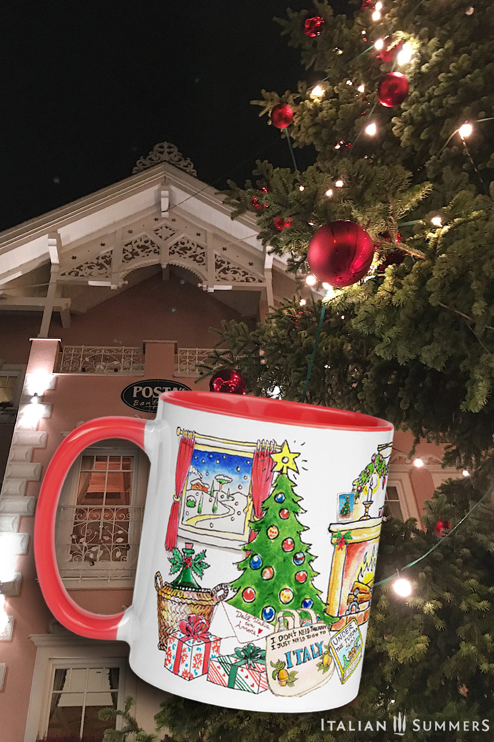 Italy Christmas mug Dear Santa, I just want to go to Italy. This cute mug represents sketches of a vintage Cinquecento seen from the back with presents on the roof, a ticket to Italy, Italian panettone, a book about Italy to cuddle up in front of the fireplace, a flask of good chianti wine, Italian presents and of course our best seller bag "I don't need therapy, I just need to got to Italy". Buon Natale :-) Made with amore by Italian Summers