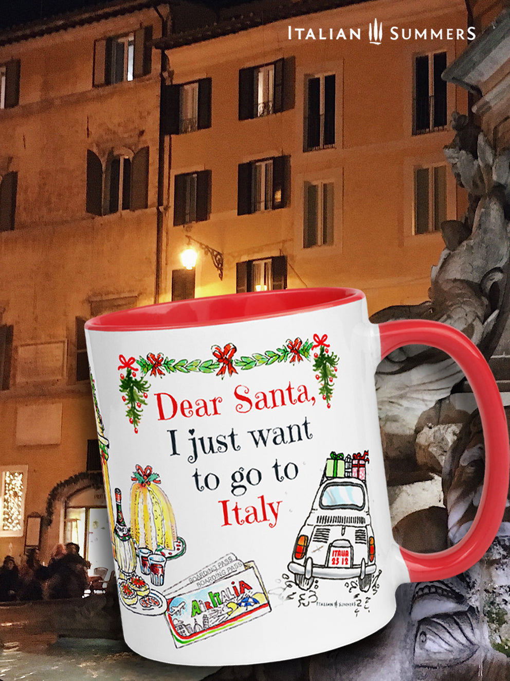 Italy Christmas mug Dear Santa, I just want to go to Italy. This cute mug represents sketches of a vintage Cinquecento seen from the back with presents on the roof, a ticket to Italy, Italian panettone, a book about Italy to cuddle up in front of the fireplace, a flask of good chianti wine, Italian presents and of course our best seller bag "I don't need therapy, I just need to got to Italy". Buon Natale :-) Made with amore by Italian Summers