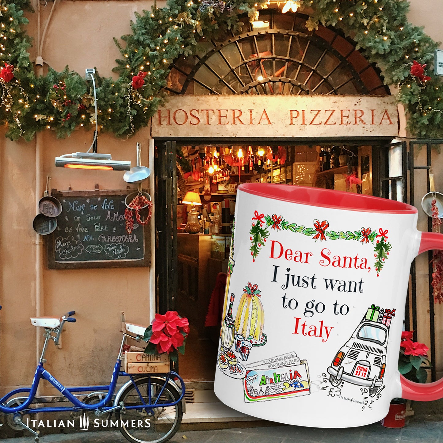 Italy Christmas mug Dear Santa, I just want to go to Italy. This cute mug represents sketches of a vintage Cinquecento seen from the back with presents on the roof, a ticket to Italy, Italian panettone, a book about Italy to cuddle up in front of the fireplace, a flask of good chianti wine, Italian presents and of course our best seller bag "I don't need therapy, I just need to got to Italy". Buon Natale :-) Made with amore by Italian Summers