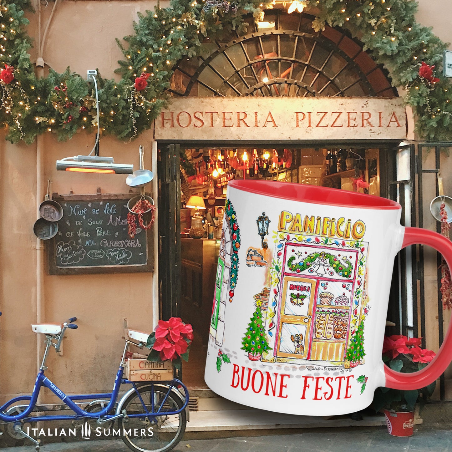 Mug with Babbo Natale driving a red Fiat 500 through Italian street, Christmas theme