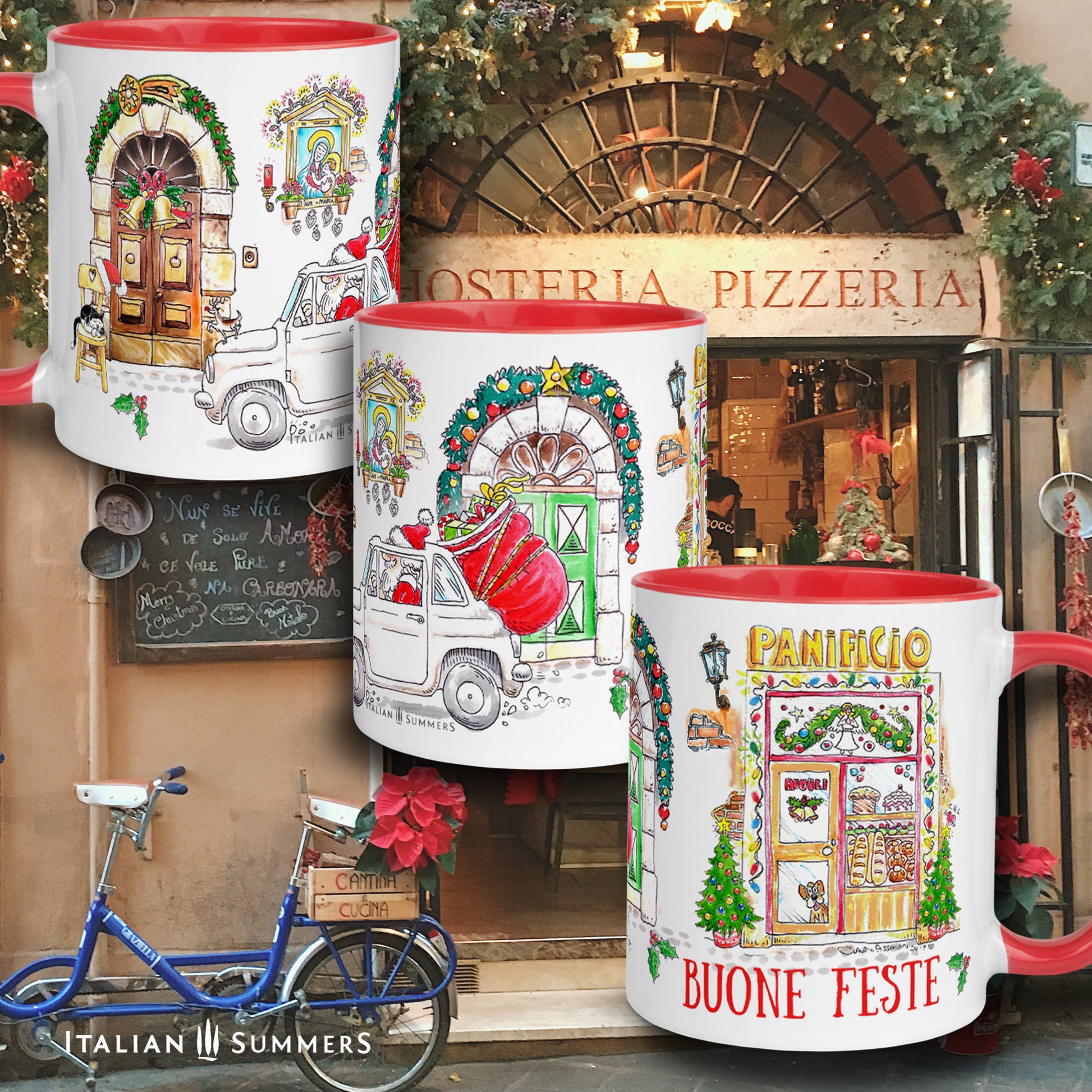 Close-up of holiday mug featuring Fiat 500 with presents in Italian streetview design
